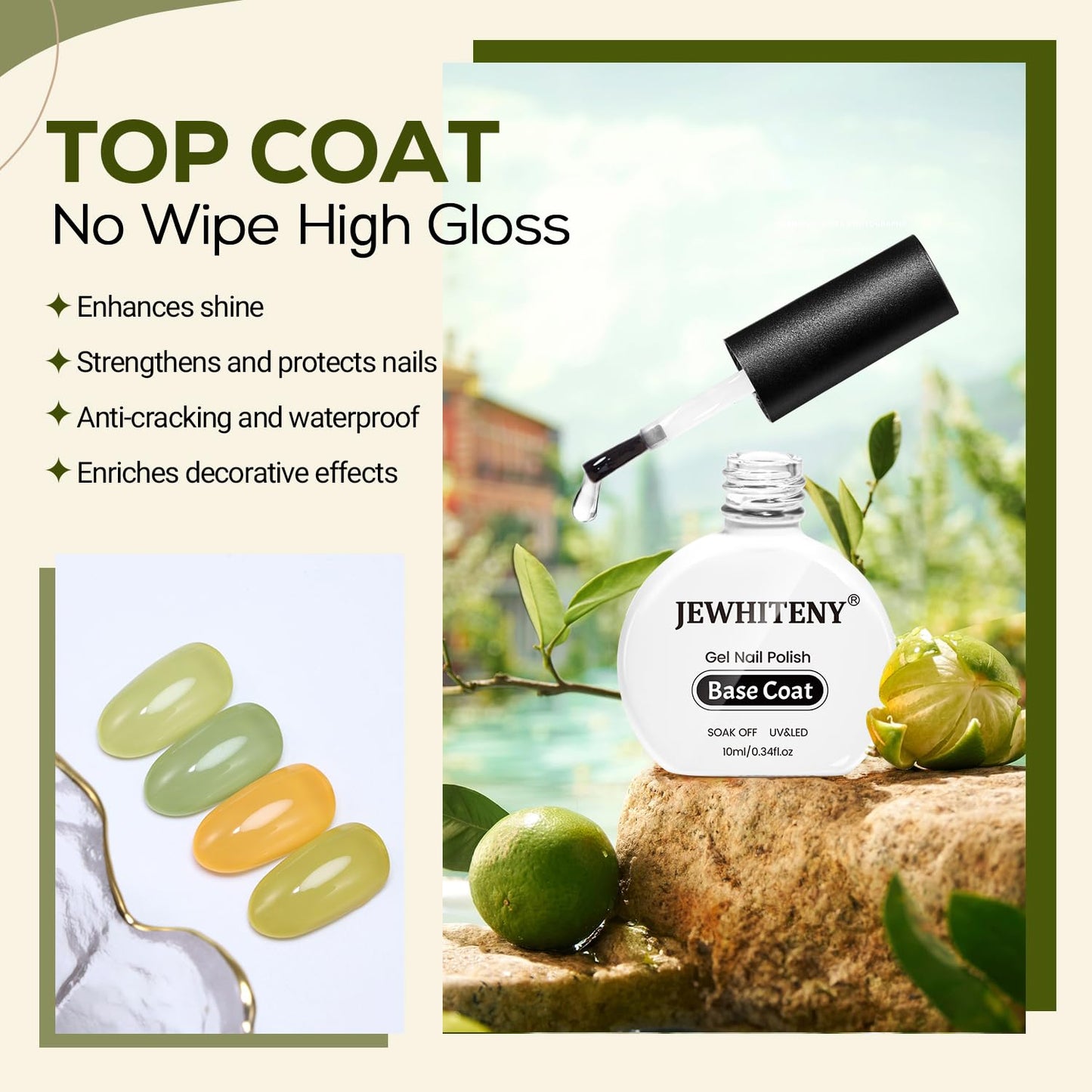 JEWHITENY 2 Bottles 10ML Gel Top Coat and Base Coat Set Gel Polish Long Lasting Glossy Shine Effect DIY Nail Art Design Need U V Lamp Curing