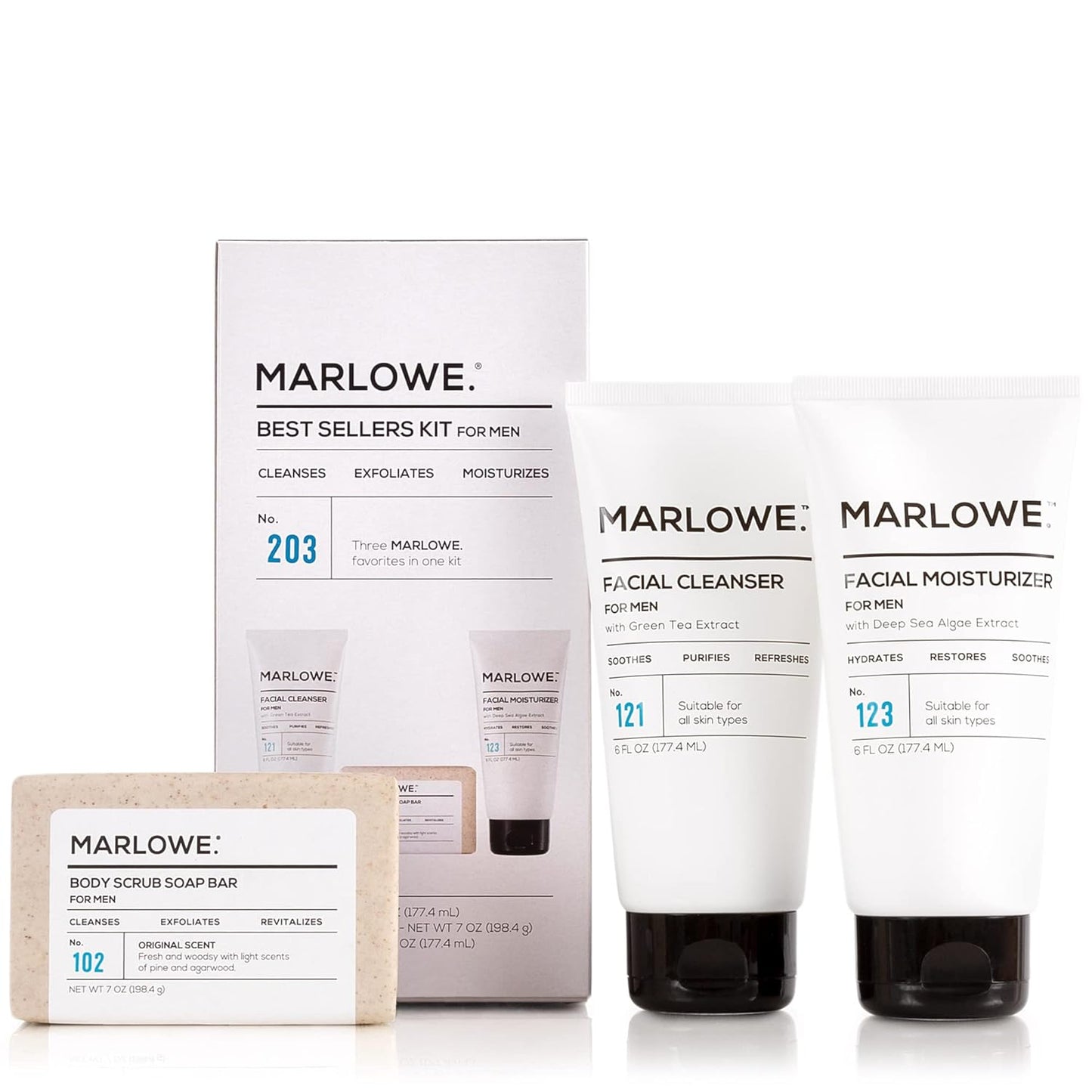 MARLOWE. Best Sellers Kit No. 203, Features Signature No. 102 Original Body Scrub Soap Bar, No. 121 Facial Cleanser & No. 123 Facial Moisturizer, Great Gift for Men