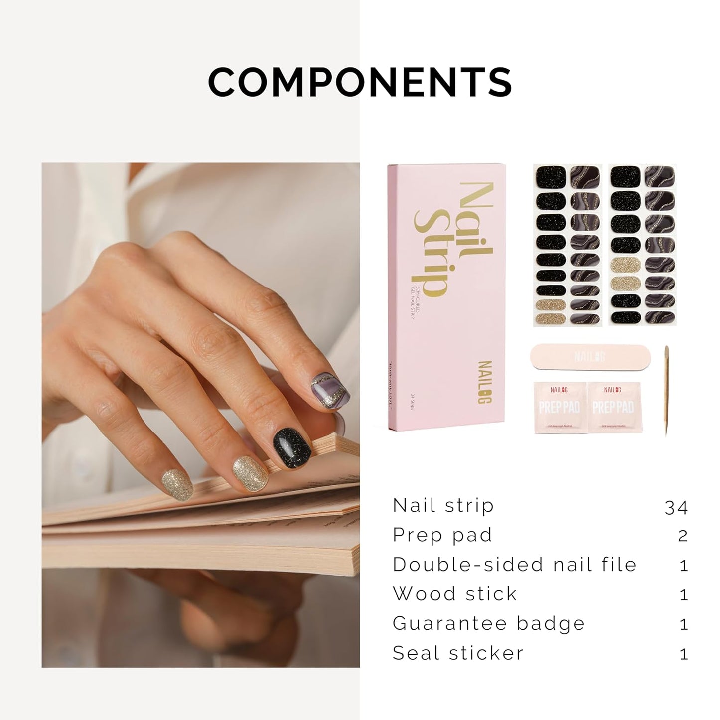 Nailog Semi Cured Gel Nail Strips 34 pcs | Buy 2 Get 1 UV Lamp | Long Lasting Nail Polish Sticker Wraps with Glossy Gel Finish (Drifted)