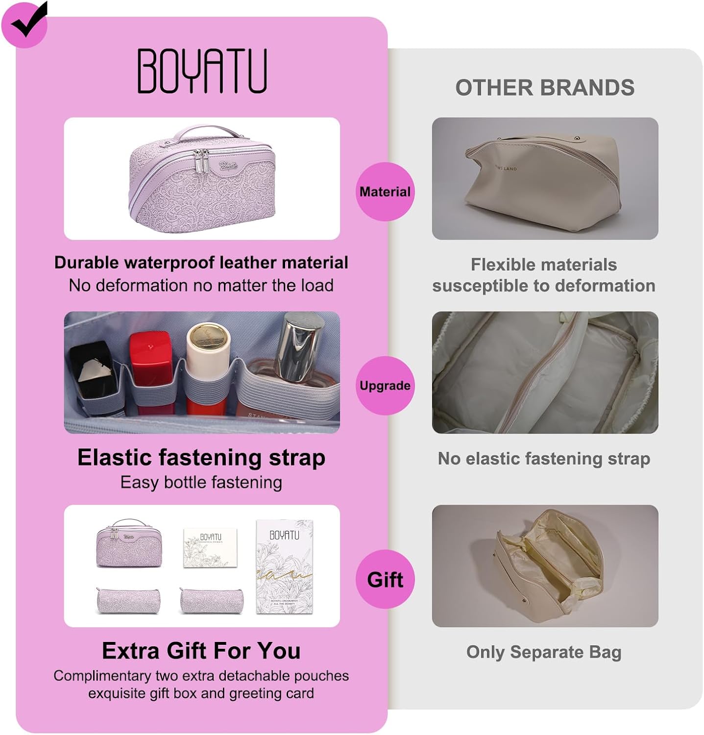 BOYATU Travel Makeup Bags for Women: Vegan Leather Cosmetic Bag Set of 3 - Large Capacity Make up Bag with Divider - Wide Open Waterproof Toiletry Organizer Bag with Handle (L12-Violet)