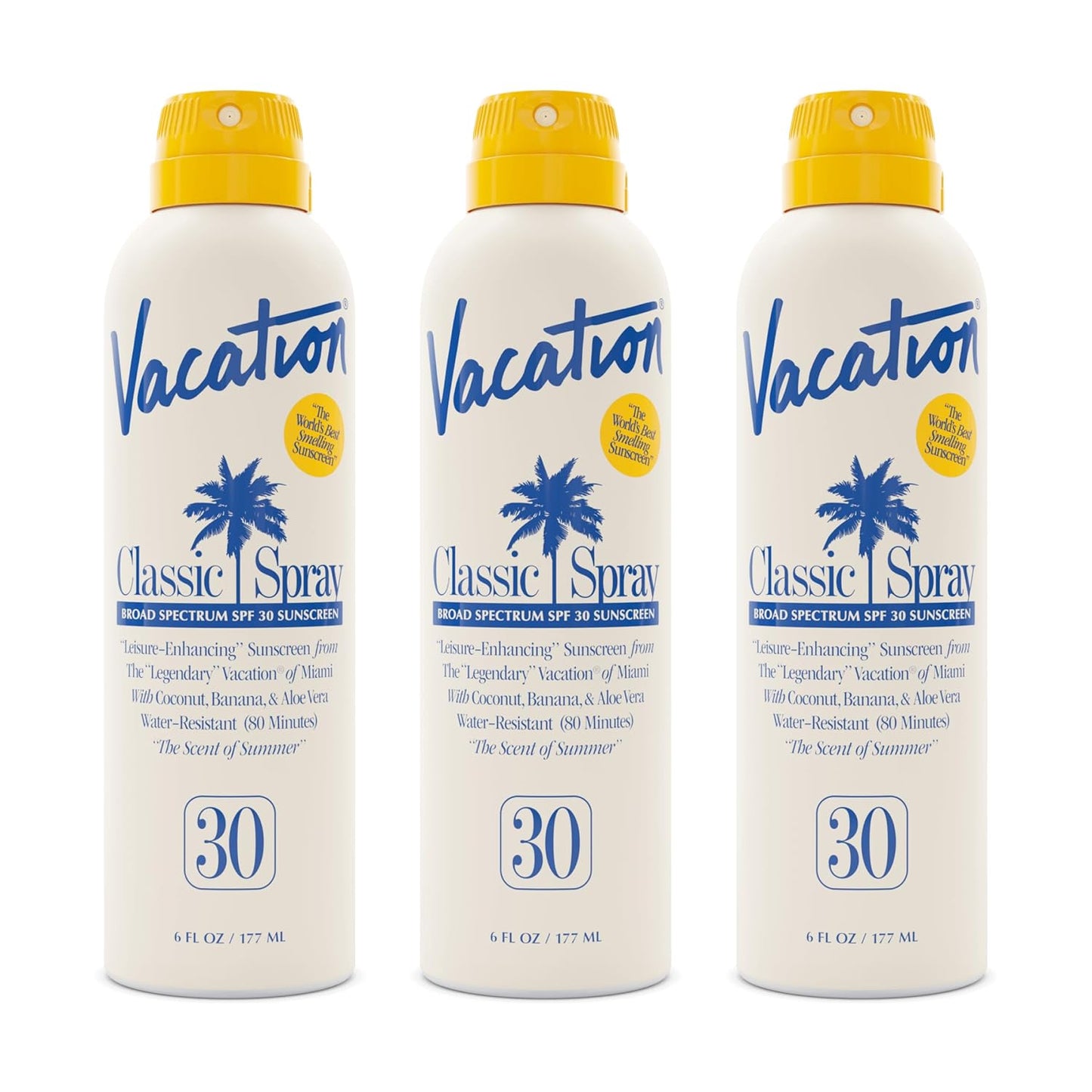 Vacation Classic Sunscreen Spray SPF 30, Water-Resistant, Lightweight, Transparent on All Skin Tones, Dermatologist-Tested, Vegan, 6 Fl. Oz. (Value Pack of 3)