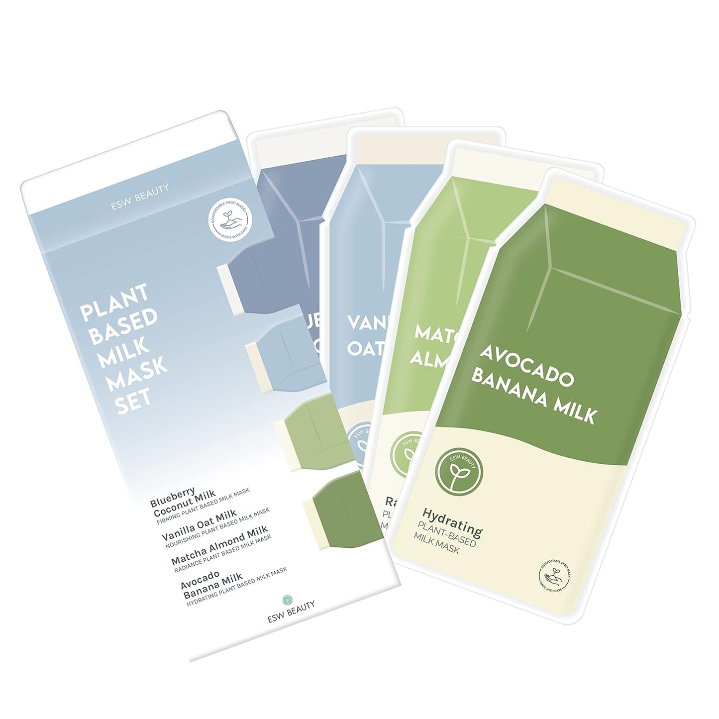 ESW Beauty Plant-Based Milk Face Masks - 8-Pack Skincare Set - Hydrating, Radiance, Firming & Soothing with Avocado, Matcha, Blueberry, Vanilla & Oat Extracts for All Skin Types