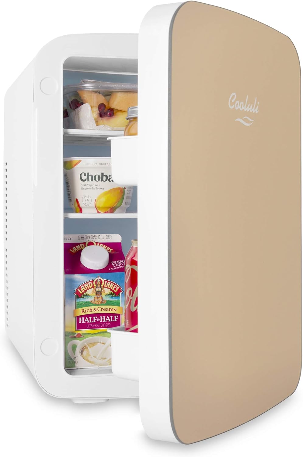 Cooluli 15L Mini Fridge for Bedroom - Car, Office Desk & College Dorm Room - 12v Portable Cooler & Warmer for Food, Drinks, Skincare, Beauty & Makeup - AC/DC Small Refrigerator with Glass Front, Gold