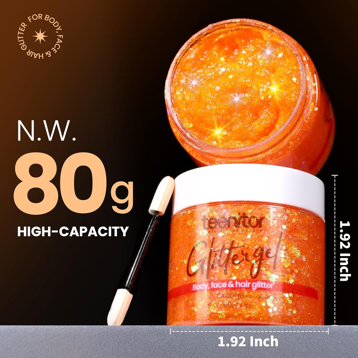 Teenitor Body Glitter Gel, Face Glitter, Orange Glitter for Body Makeup, 80g/2.8oz Face and Body, Hair Glitter Gel, Rave Glitter