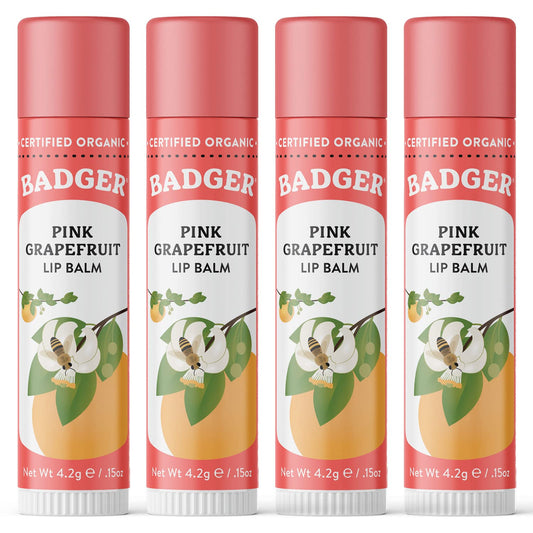 Badger Pink Grapefruit Classic Lip Balm, 100% Organic Lip Balm, Long Lasting Lip Care w/Light Silky Texture, Refreshing & Uplifting, 4 Pack
