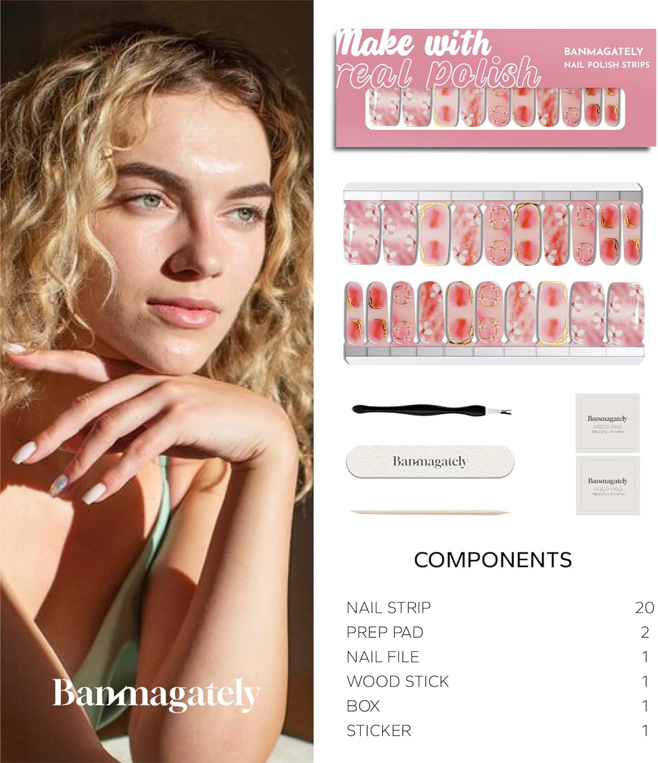 Nail Polish Strips, 20Pcs Salon Quality Gel Nail Stickers, Easy Long Lasting Wraps for Short Nails no UV Light Needed (Spring Pink Flower)