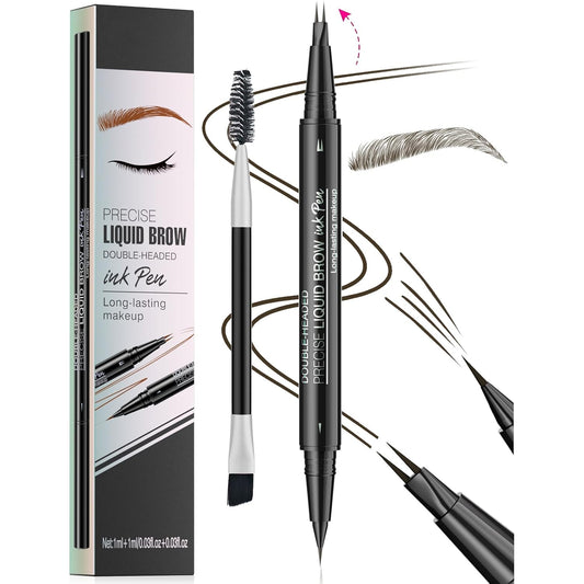 Microblading Eyebrow Pen, Curved Eyebrow Pencil 2-in-1 Dual-Ended Eyebrow Pencil 2-Fork-Tip and Single Tip Creates Natural Eyebrows Waterproof Long-lasting (Black Brown)