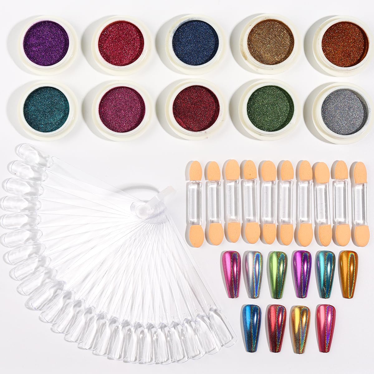 10 Colors Holographic Laser Nail Powder, Holo Aurora Iridescent Metallic Mirror Laser Effect Chrome Pigment Glitter Dust for Nail Art DIY Decorations, Sponge Tool/10PCS, Nail Swatch Sticks/24PCS
