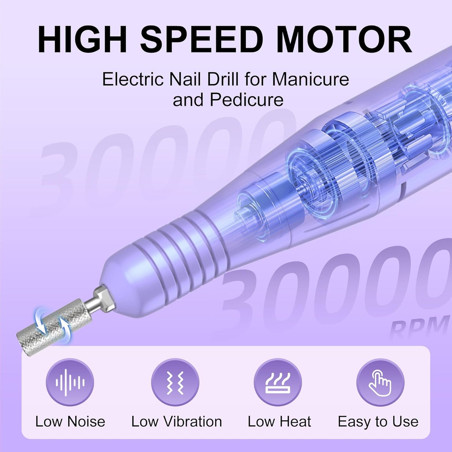 Professional Electric Nail Drill File:COSYGLOW Glitter Portable Cordless E-File Nail Drill Kit with 11 Drill Bits,30000 RPM Rechargeable Nail Drills Machine for Acrylic Nails Gel Polishing(Purple)