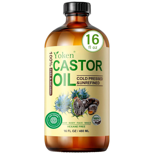 Yoken EWG Verified Castor Oil Glass Bottle 16 fl oz 100% Pure Natural Cold Pressed Castor Oil for Face, Body, Hair, Eyelash, Skin - Hexane Free, Unrefined, Virgin, Rich Fatty Acid for Caster Pack Wrap