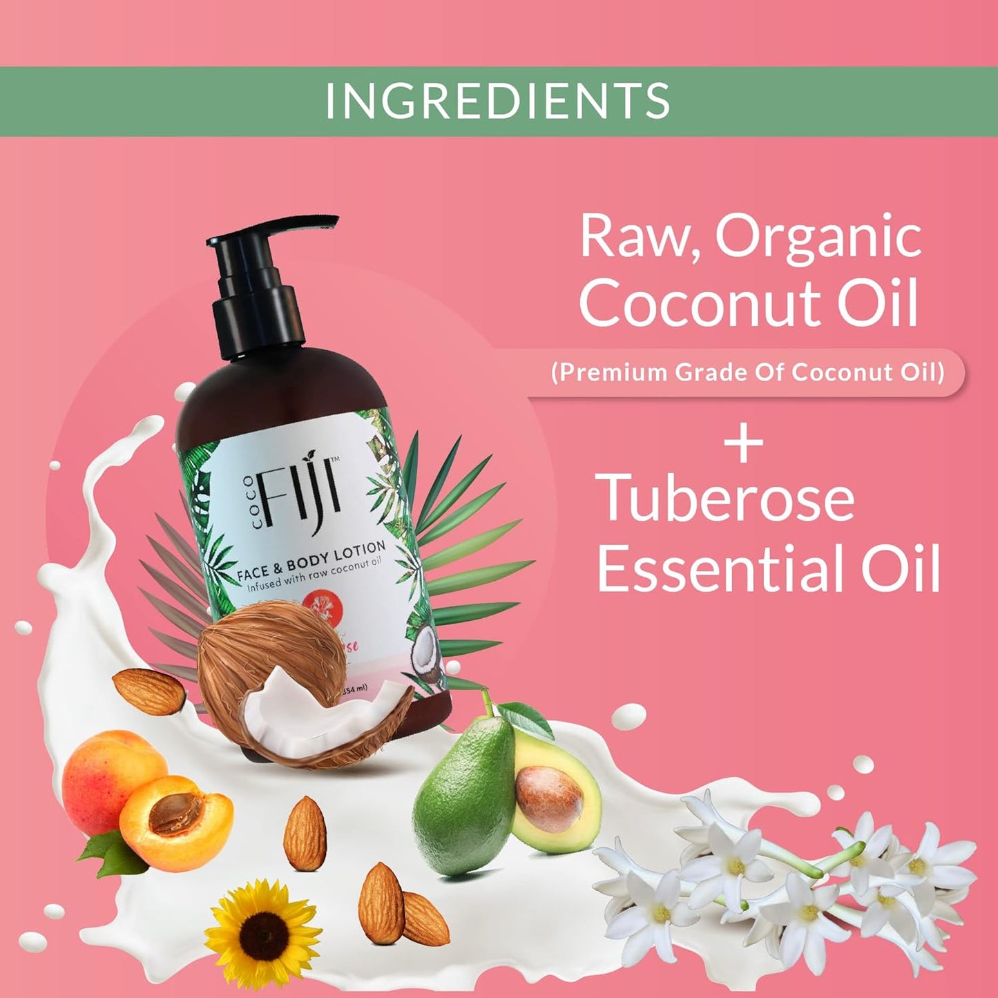 Coco Fiji Face & Body Lotion Infused With Coconut Oil | Lotion for Dry Skin | Moisturizer Face Cream & Massage Lotion for Women & Men |Tuberose 12 ozPack of 3