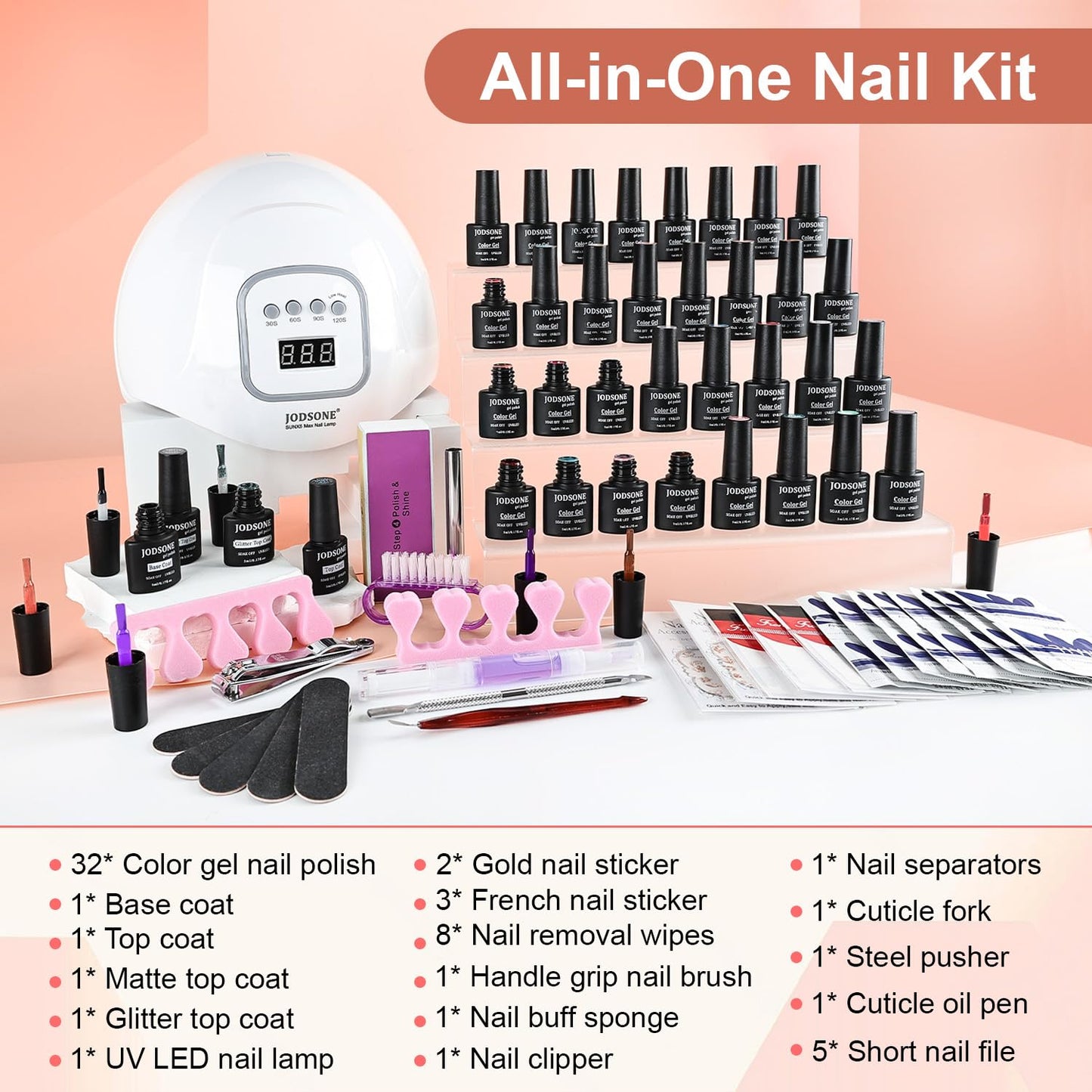 JODSONE 36 Pieces Easy to Apply Gel Nail Polish Kit with U V Light Base Coat Top Matte Glitter Gel Polish for Salon and Home Use