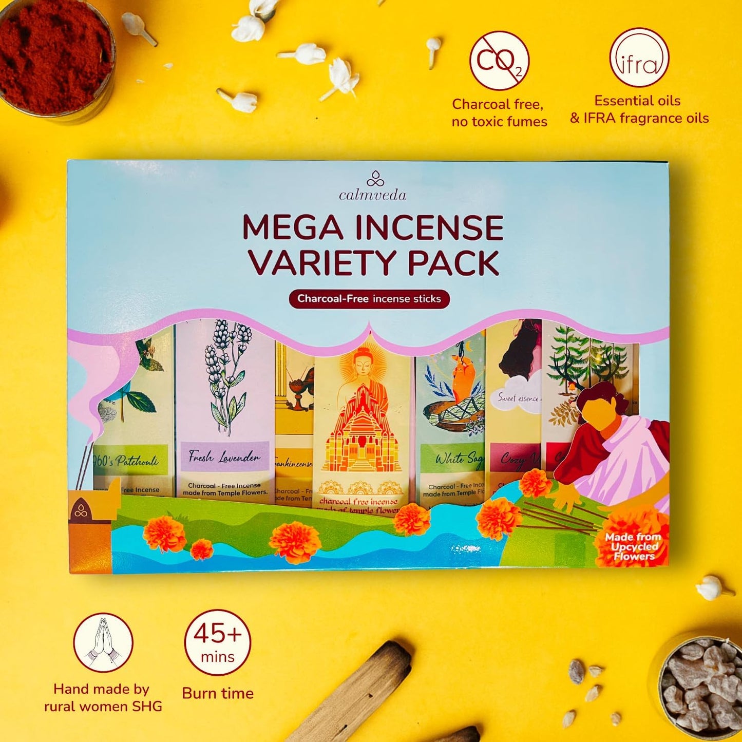 Natural Incense Sticks Mega - Variety Pack (144 Insence-Sticks Bulk, 12 Aromas) Clean No Charcoal, Made from Upcycled Flowers | Organic Incense Stick Non Toxic (Slow Burn, Longlast)