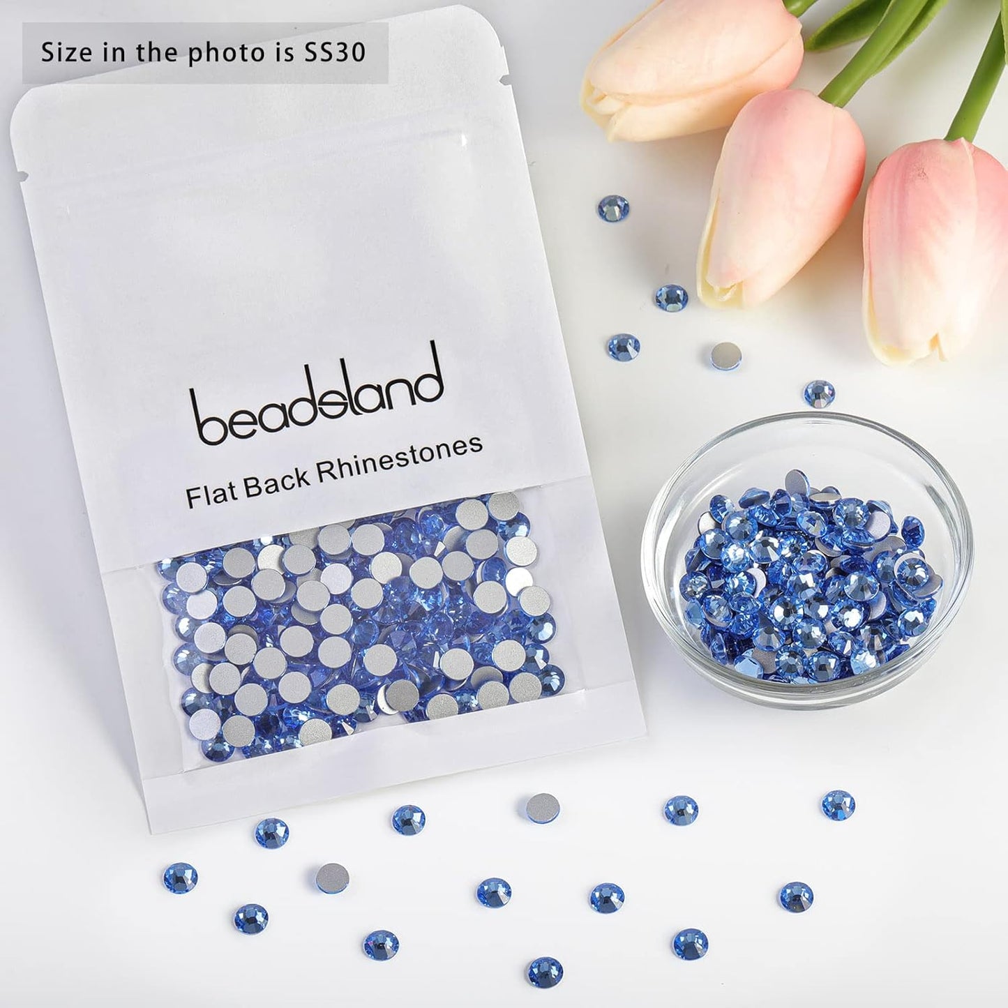 beadsland Flat Back Crystal Rhinestones Round Gems for Nail Art and Craft Glue Fix,Light Blue (6.4-6.6mm) SS30/288pcs