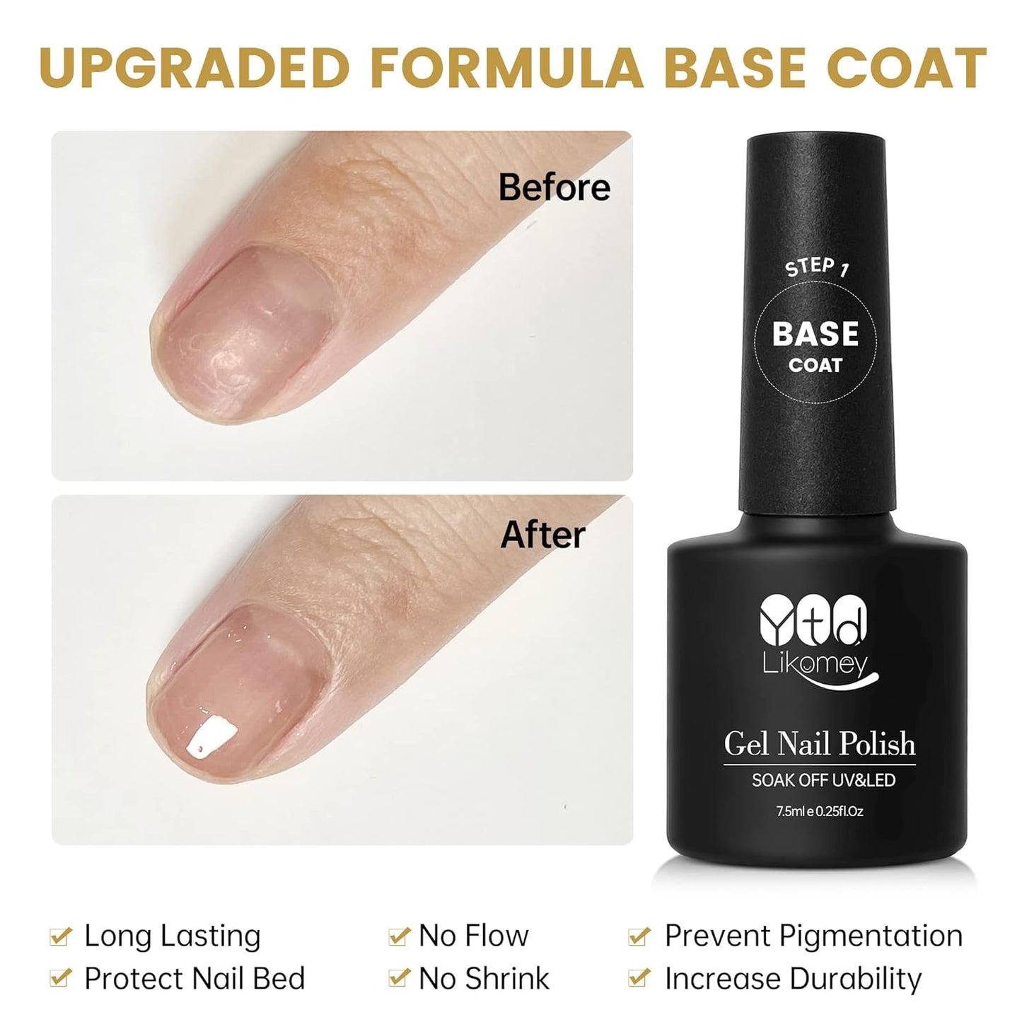 YTD Likomey Gel Nail Polish Base Coat and Top Coat Kit,Long Lasting No Wipe Glossy Matte Coat UV Nail Gel Set,3 Pcs 7.5 ml