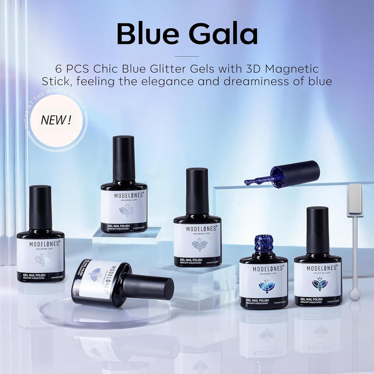 modelones Gel Nail Polish Set, 6 Colors Fall Winter Icy Blue Collection Glitter Gel Polish Galaxy White Dark Blue 9D Cat Eye Nail Polish with Magnet Soak Off Led Nail Art Kit Salon DIY Gift