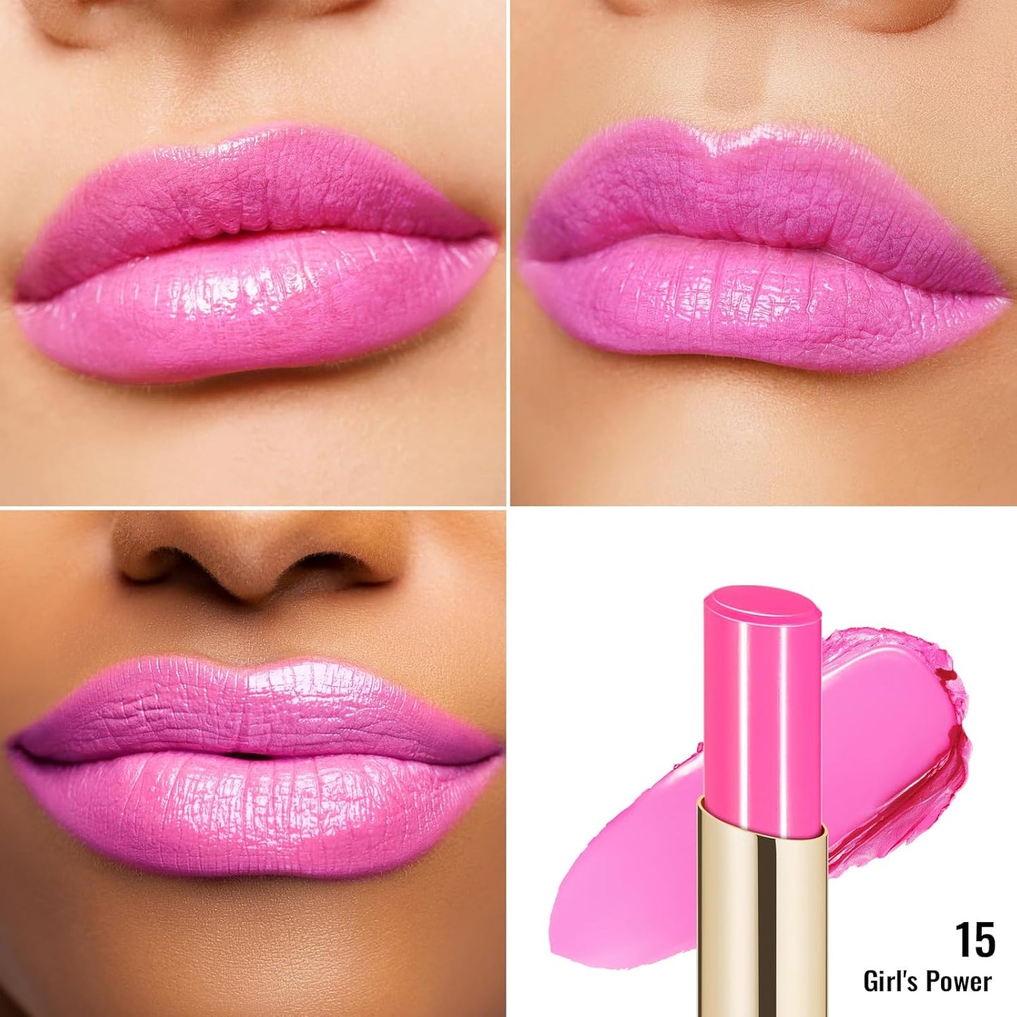 Oulac Moisturizing Shine Pink Lipstick for Women - 2 in 1 Glossy Bright Pink Tinted Lip Balm, Hydrating Winter Lipstick for Dry Lips,Shine Juicy Finish Vegan 2.2g/0.07oz (15)