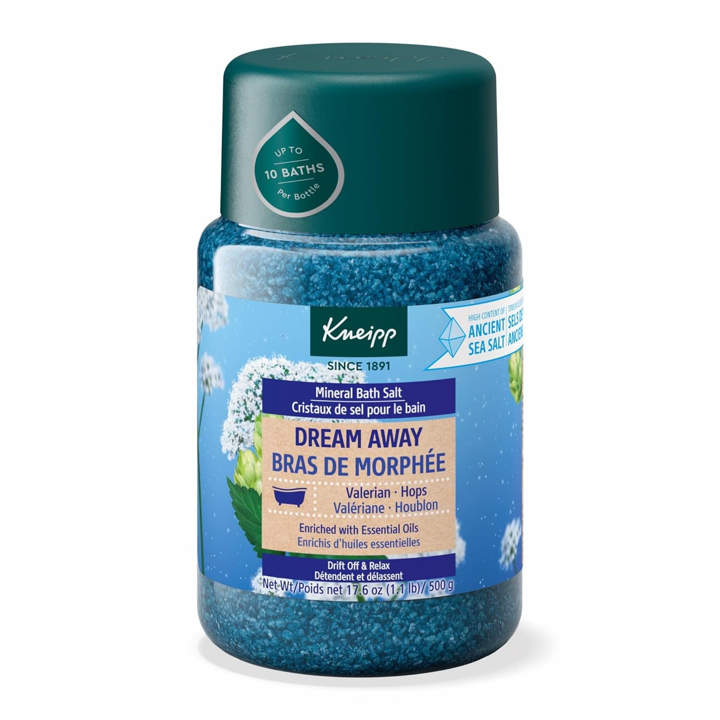 Kneipp Dream Away Mineral Bath Salt with Valerian & Hops - Soothing Bedtime Bath Blend - 17.6 oz - Up to 10 Baths