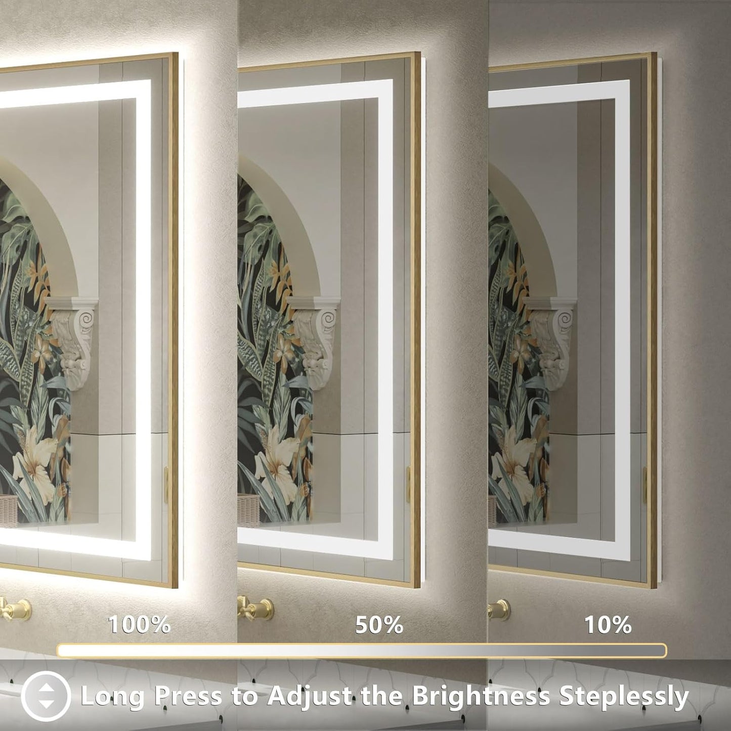 OKPAL Gold LED Bathroom Mirror with Lights, 50x40 Frontlit & Backlit Lighted Bathroom Mirror, LED Vanity Framed Mirror, Anti-Fog, Dimmable, 3 Colors, Shatterproof, ETL Listed