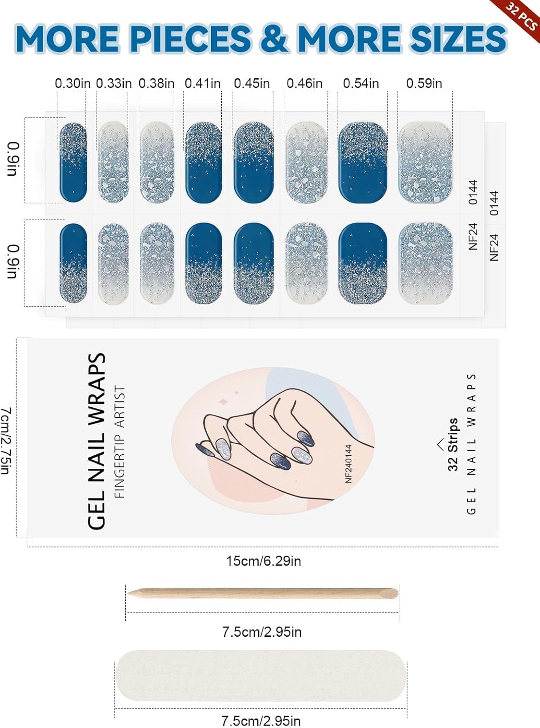 32PCS Semi-Cured Gel Nail Strips EBANKU Nail Polish Stickers Long-Lasting Semi-Cured Gel Nail Wraps Full Nail Polish Wraps Shiny Nail Decors Gel Nail Art Stickers UV/LED Lamp Required (Diamond Blue)