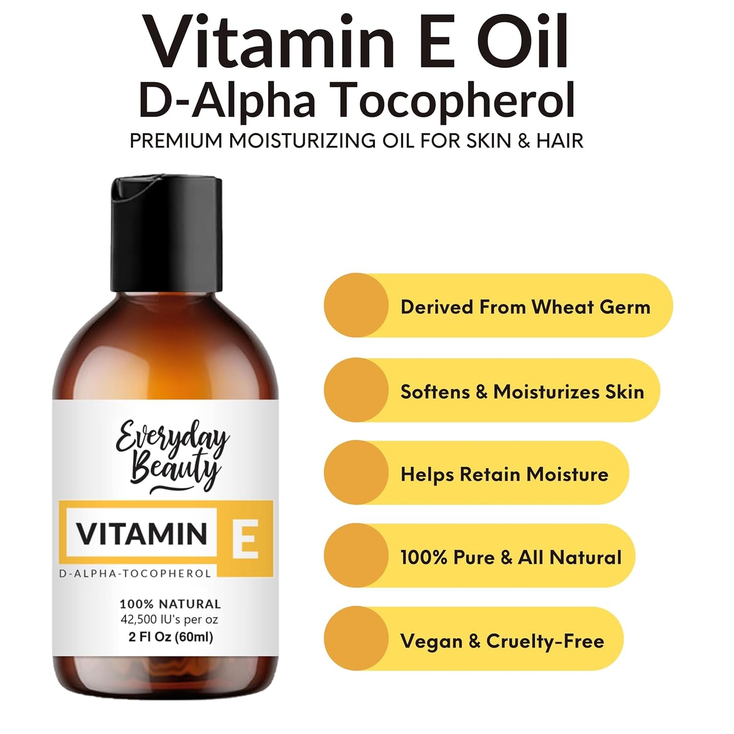 Pure Vitamin E Oil - D-Alpha Tocopherol 100% Pure & All Natural 2oz 42,500 IU per oz - Thick, Amber Color, Nutty Aroma - From Wheat Germ -Face Body Hair -DIY Cosmetics & After Surgery Scars