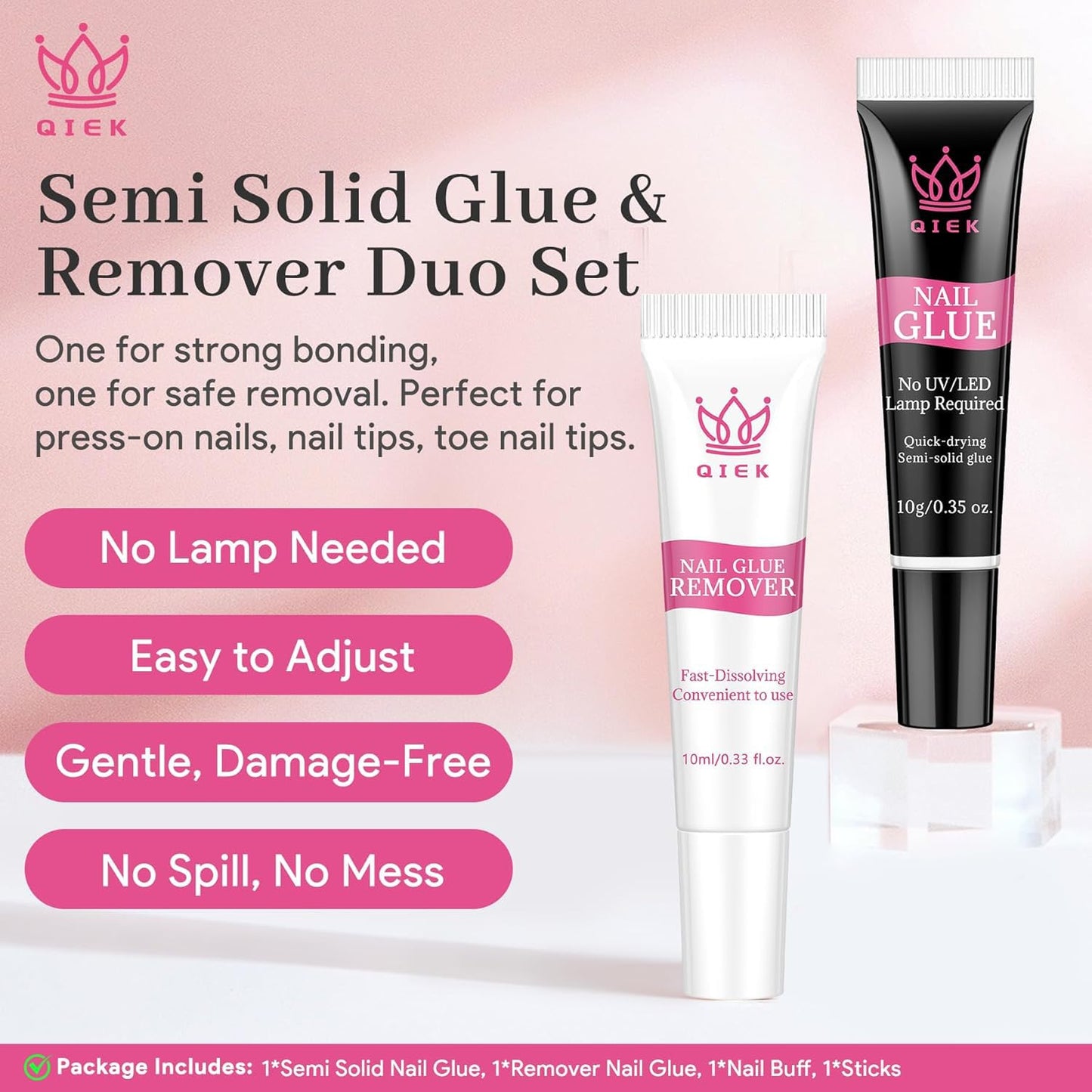 No-Lamp Nail Glue & Remover Set for Press Ons, 10ml Quick Dry 28 Days Super Strong Hold Glue on Nails, 10g Gentle Easy Removal with Tools Set for Beginner DIY Home, Not for Gel Polish Base Coat