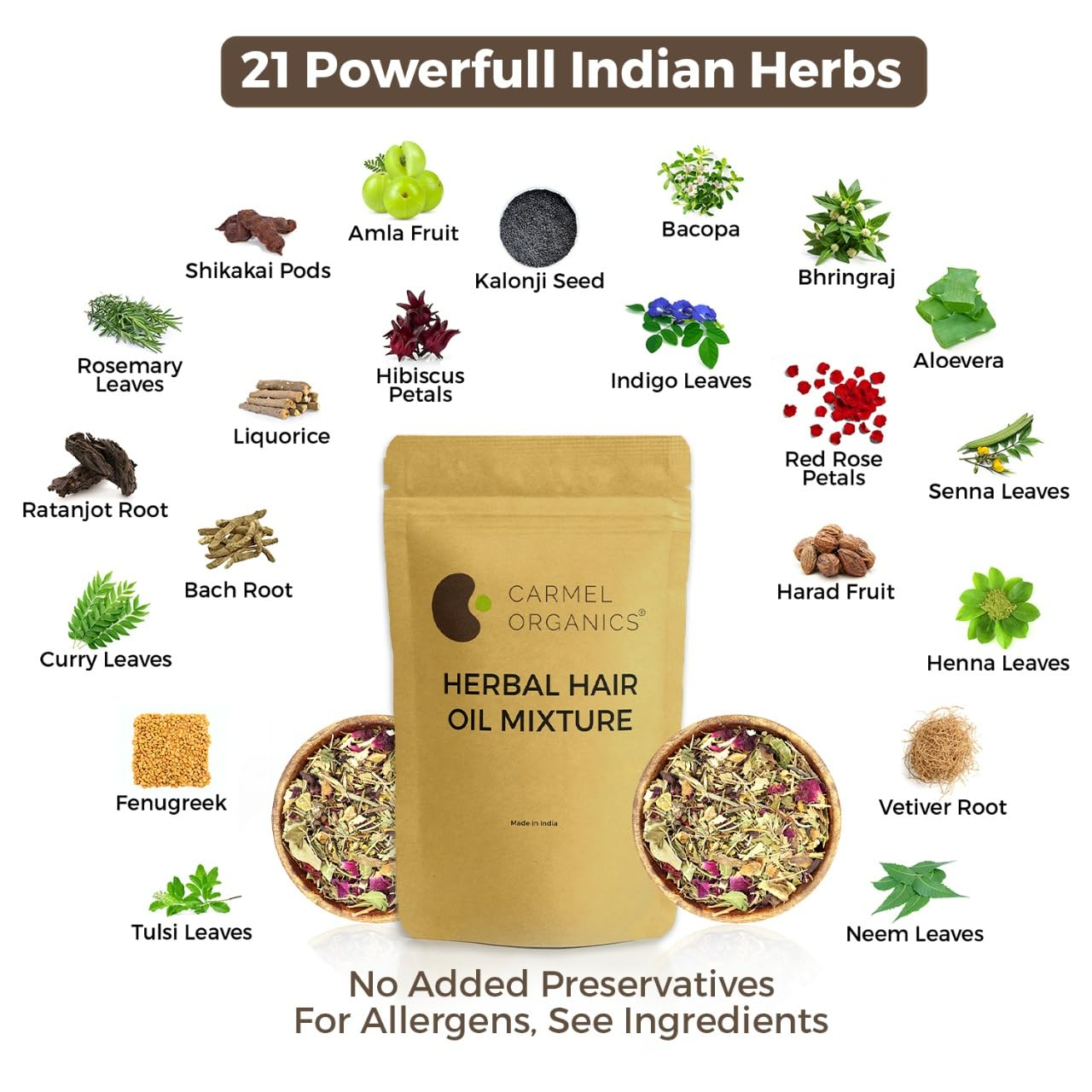 CARMEL ORGANICS Herbal Hair Oil Mix | 21 Herbs For Hair Growth | DIY Oil Infusion | Contains Bhringraj, Fenugreek, Rosemary, Hibiscus and more, No Added Preservatives & Additives, Non GMO