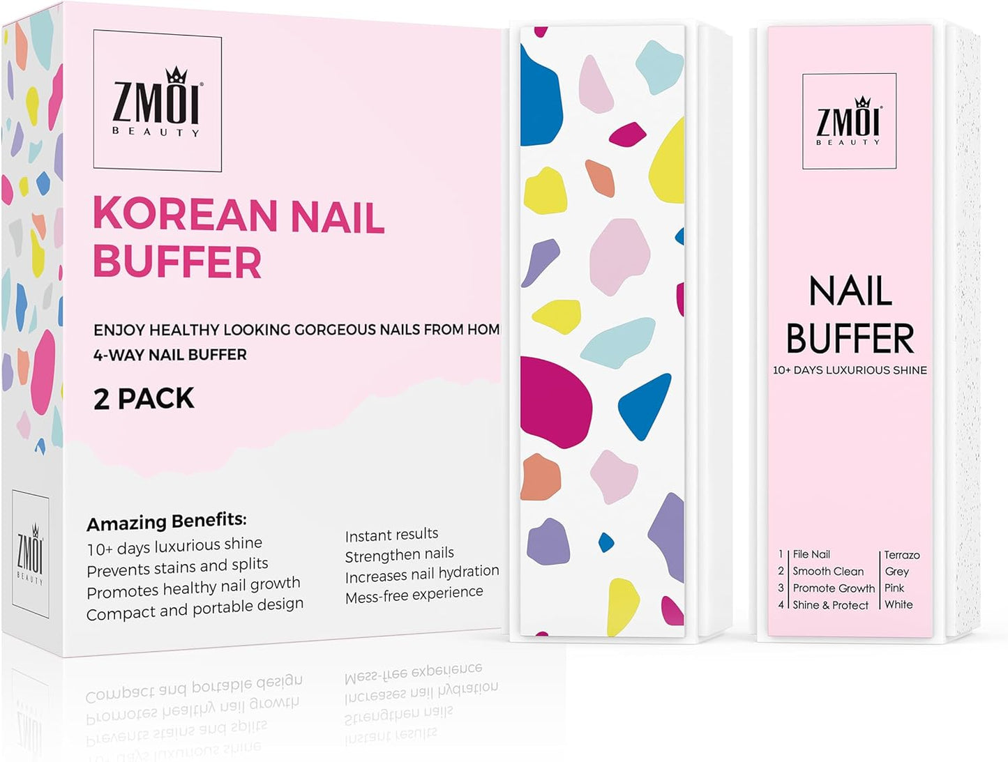 Pro Nail Buffer Block – 2 Pack Luxurious Shine Korean 4-Way Nail Buffing Block Pink – Natural Shine Nails – Manicure/Pedicure Tools for Home and Salon