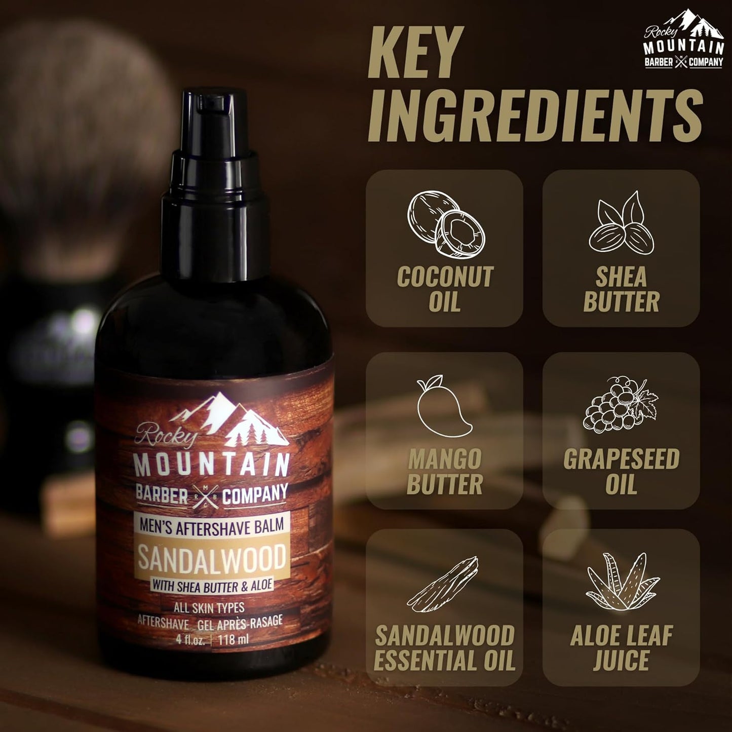 Rocky Mountain Barber Company Aftershave Balm for Men – with Sandalwood Essential Oil, Coconut Oil and Shea Butter – Applies Easily - 4 oz