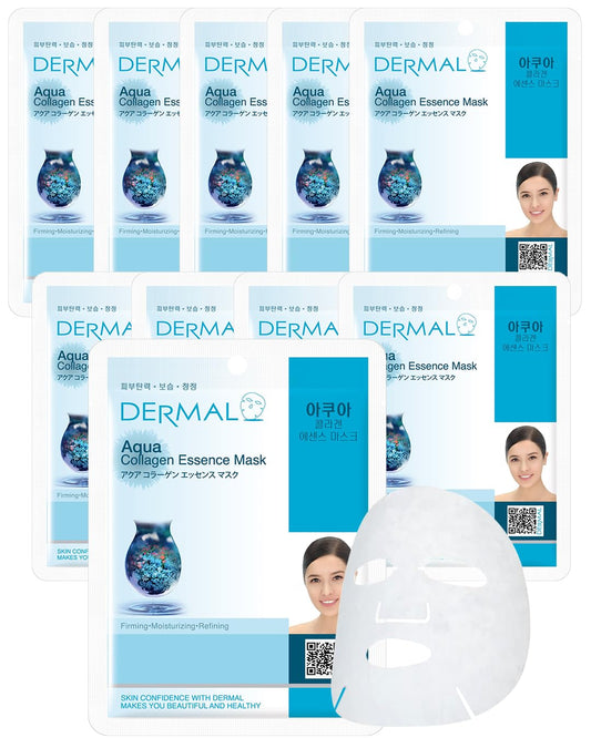 DERMAL Aqua Collagen Essence Full Face Facial Mask Sheet 23g Pak of 10