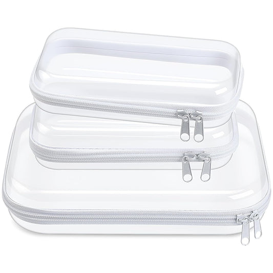 Hoolerry 3 Pcs Clear Hard Zipper Case Plastic Pouch Transparent Hard Case Clear Makeup Bag Portable Travel Organizer Bin for Cosmetics, Building Blocks, Puzzles(White,Mss)