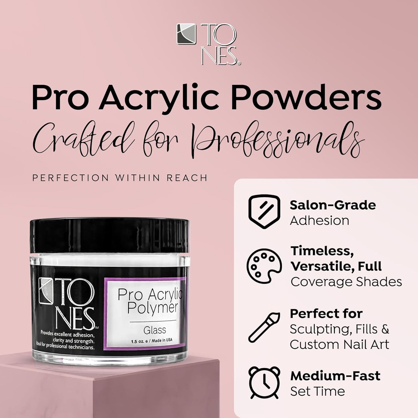 Tones Pro Acrylic Nail Powder, Glass (Clear), (1.5 Fl Oz) - Long-Lasting & Non-Yellowing Polymer for Salon Quality Nail Extensions & 3D Art