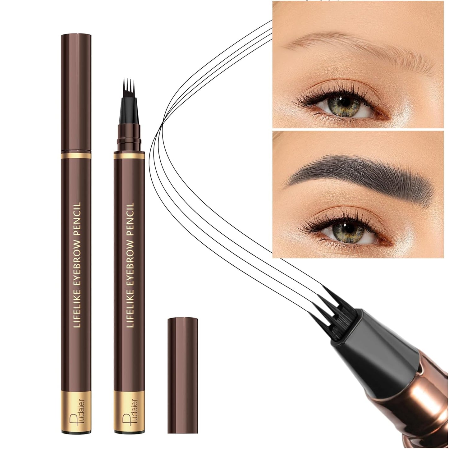 2 Pack Eyebrow Pen, Waterproof Microblading Eyebrow Pencil, 4 Tip Precise Eye Brow Makeup Pen for Women to Effortlessly Create Hair Like Natural Brows, Non Dry Out and Last All Day (Black)