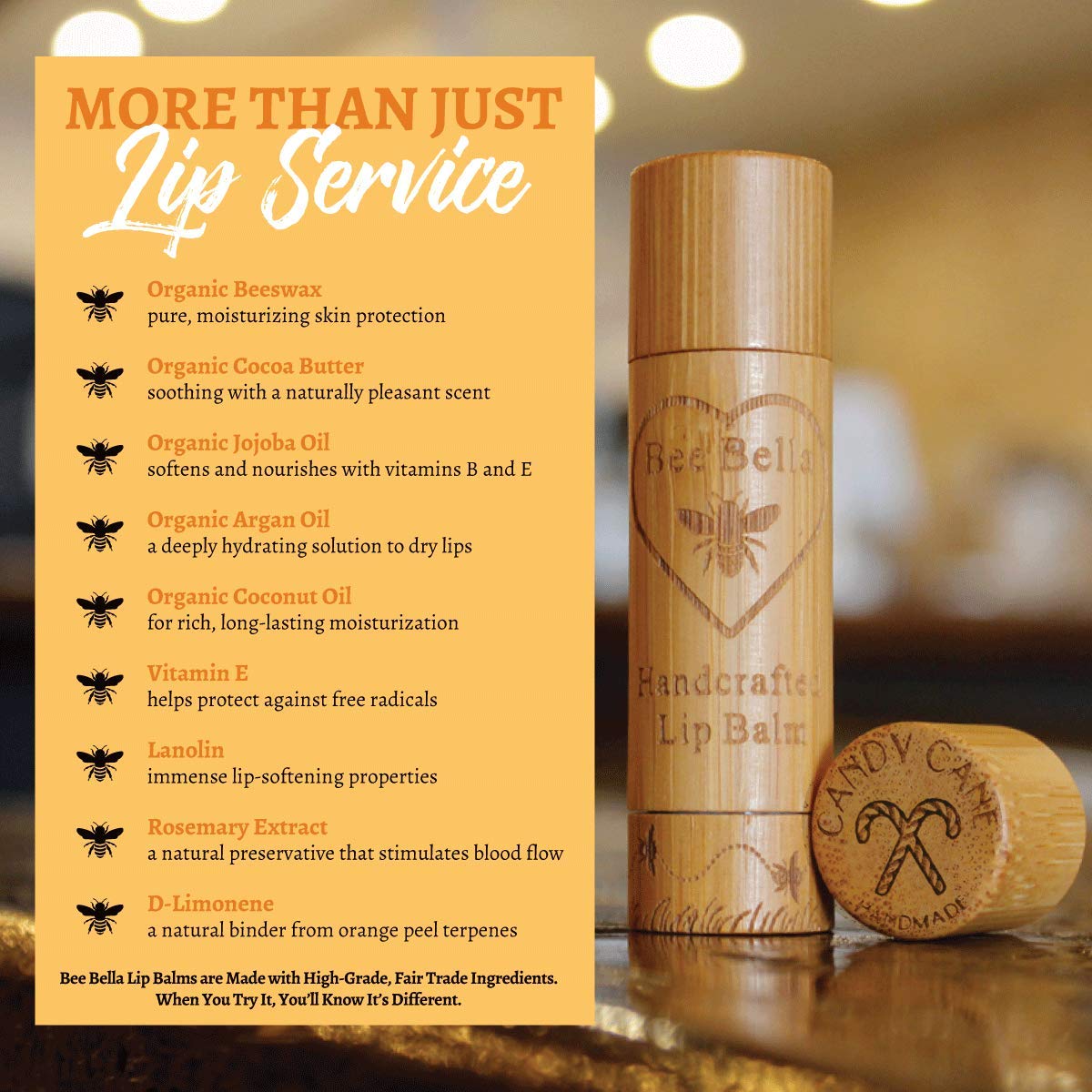 Bee Bella Lip Balm, Candy Cane, 3 Pack - Hydrating, Moisturizing Lip Care, 100% Natural, Original Organic Beeswax with Vitamin E, Handmade in USA