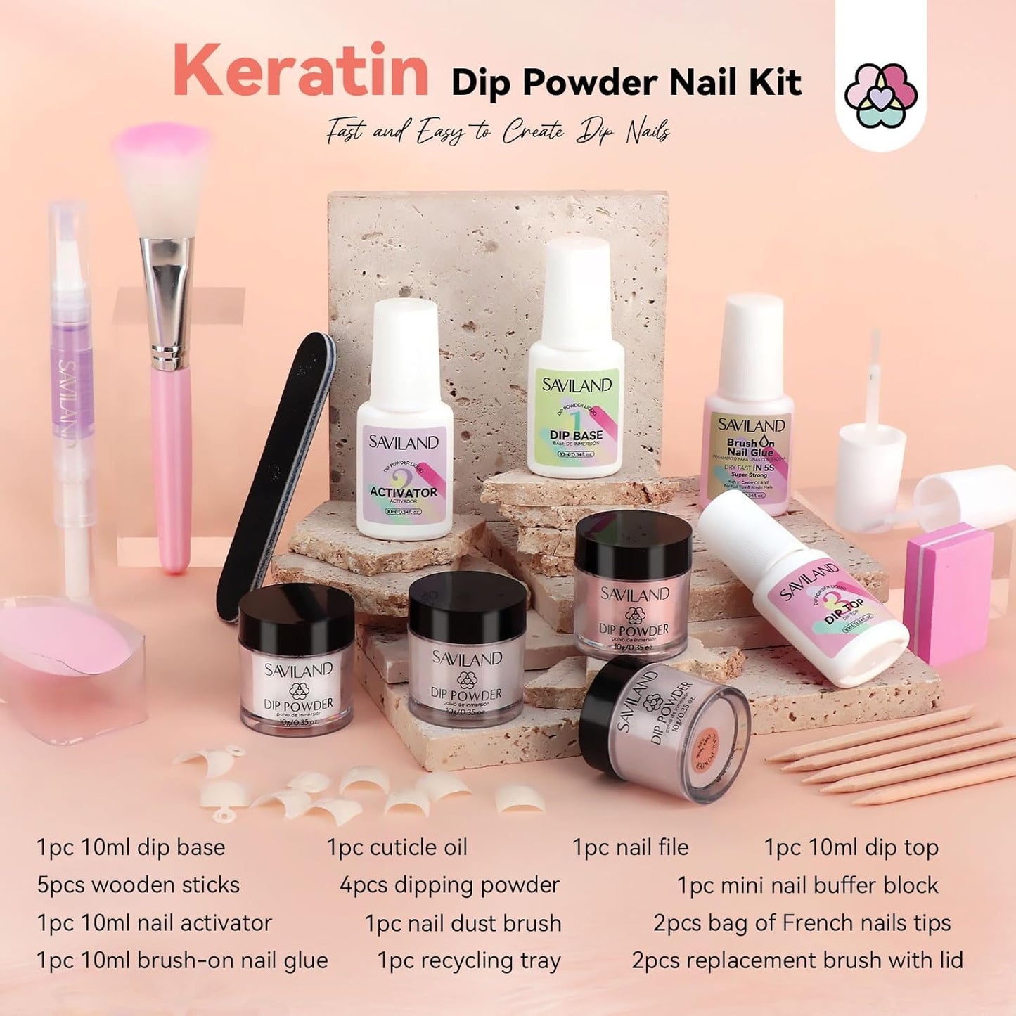 SAVILAND Dip Powder Nail Kit Starter with Nail Tips - 4 Colors with French Tips & Keratin Formula, Brown Nude Clear Dipping Powder No U V Lamp Needed for Home Manicure (10ml x4 Dip Liquids + Tools)