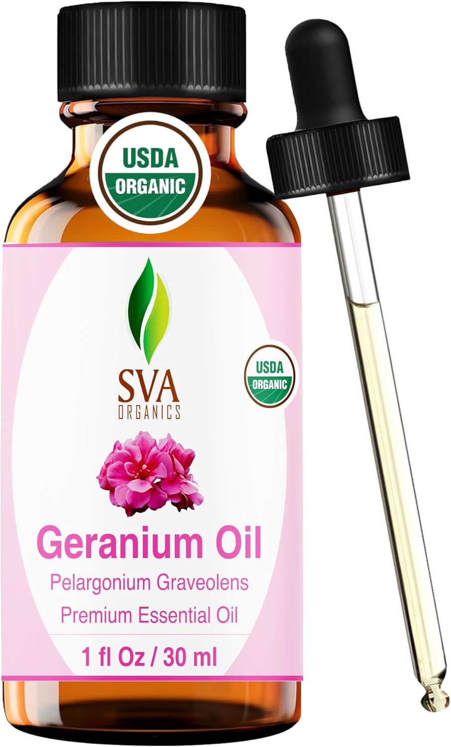 SVA Geranium Essential Oil Organic – 1 Fl Oz – 100% Natural Organic Geranium Oil - for Diffuser, Hair Care, Face, Skin Care, Aromatherapy, Scalp and Body Massage, Soap and Candle making – with Dropper