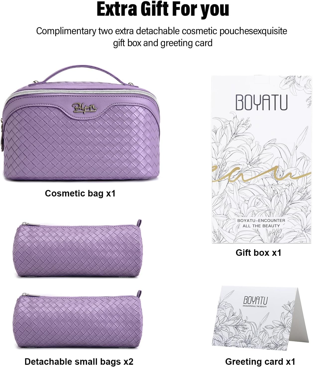 BOYATU Travel Makeup Bag Cosmetic Bags for Women: Large Capacity 3 Pcs Set Make up Bag with Compartments - Waterproof Vegan Leather Toiletry Organizer Bags with Handle - Travel Essentials(L01 Purple)