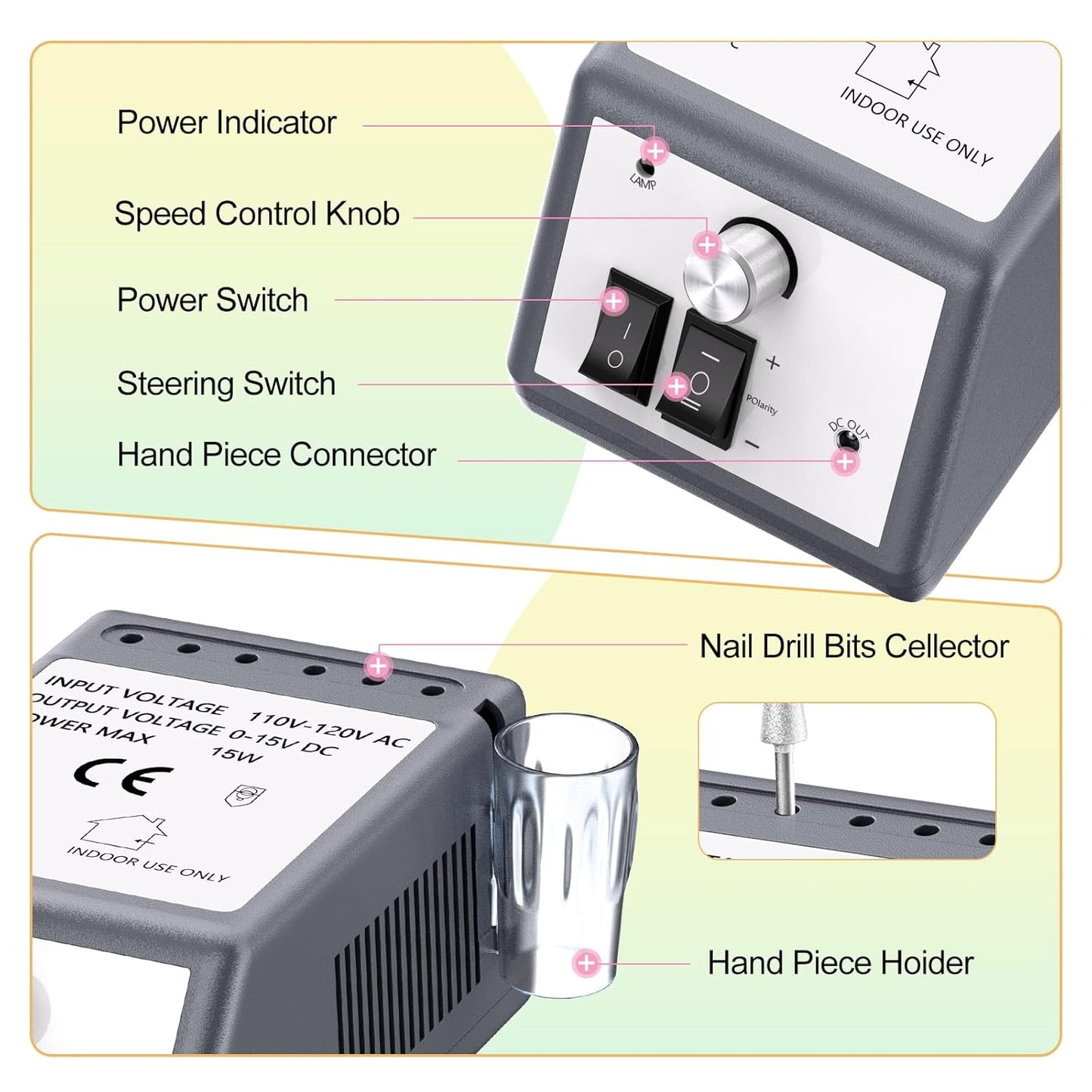 30,000 RPM Professional Nail Drill, High Speed Grinder Manicure E File Kit, Acrylic Gel Nails Polish Remover Buffer for Artificial Nails with Nail Drill Bits and Sanding Bands(Grey)