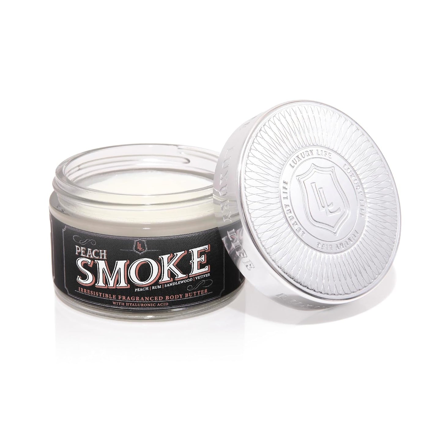 LUXURY LIFE BUTTER - Irresistibly Scented Body Butter with Hyaluronic Acid for Ultimate Moisture. Luxurious Natural Fragrance. Hydrates for a Non-Greasy Glamorous Glow, Peach Smoke, 5 oz.