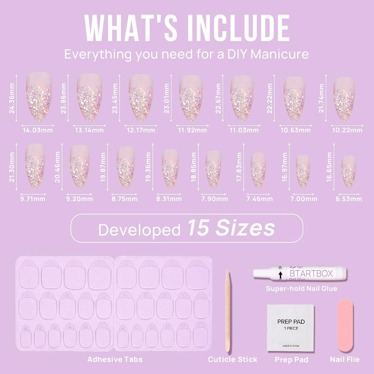 BTArtbox Press On Nails Medium- Christmas Supremely Fit & Natural Soft Gel Glue On Nails with Nail Glue, Reusable Stick On Nails in 15 Sizes - 30 Fake Nails Kit, Pink Sparkle