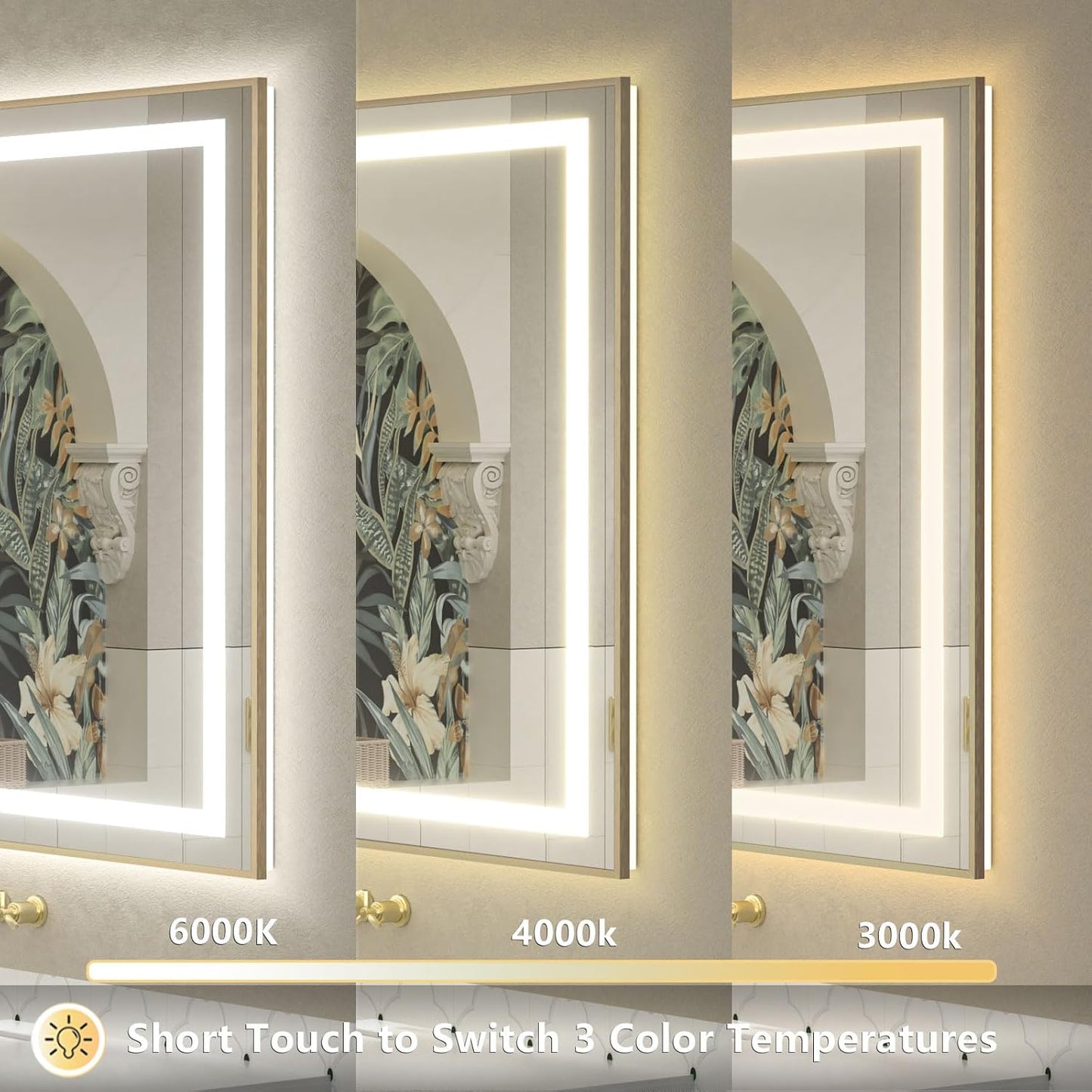 OKPAL 60x36 LED Bathroom Mirror Gold Metal Framed Front Light & Backlit, Lighted Vanity Mirror, Anti-Fog, Dimmable, 3 Colors, Shatterproof, ETL Listed, Horizontal/Vertical