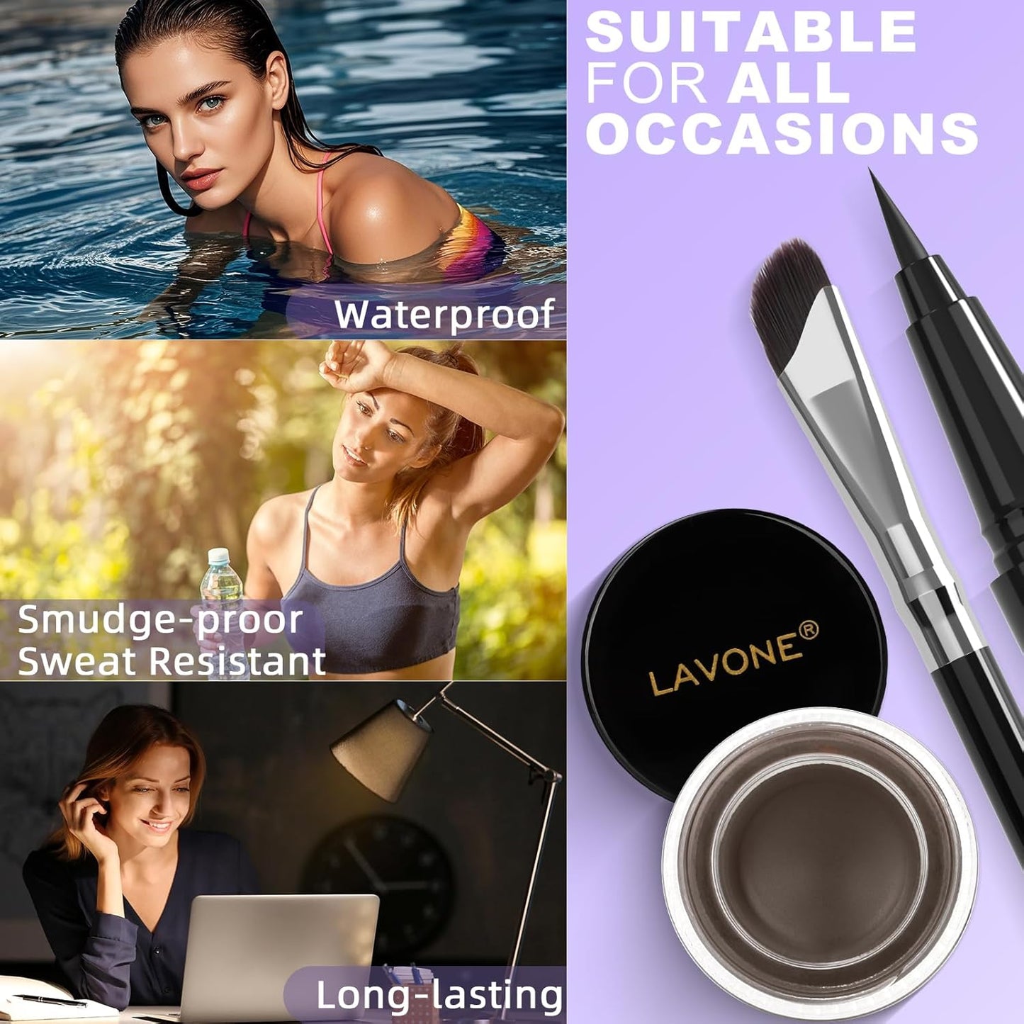 LAVONE Eyeliner Set - Waterproof Makeup Kit with Liquid Eye Liner Pencil, Gel Eyeliner and Angled Eye Liner Brush, Waterproof, Smudge Resistant, Long Lasting Formula - Medium Brown