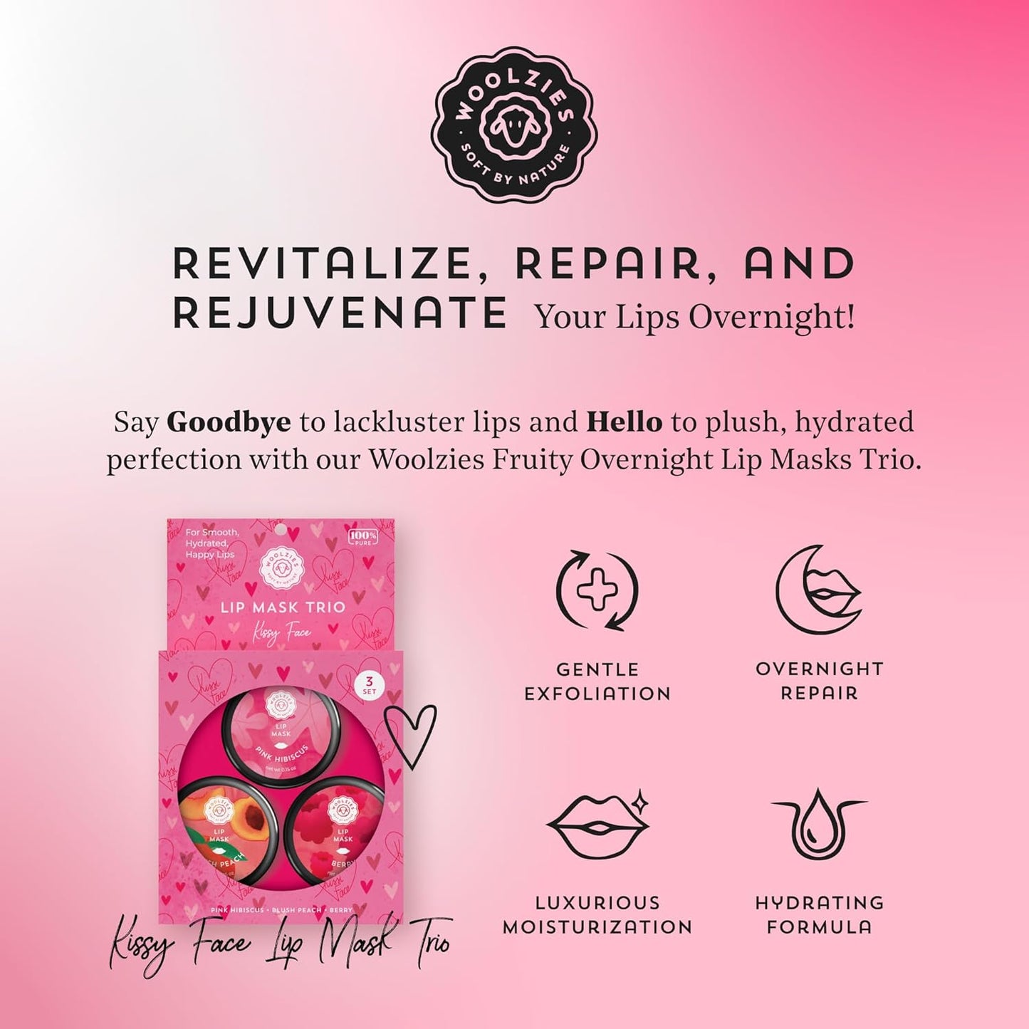 Overnight Lip Sleeping Masks Trio - Set of 3 All Natural Hydrating Lip Treatment - Overnight Repair for Soft, Smooth, Hydrated Lips (3 Pack, Kissy Face)