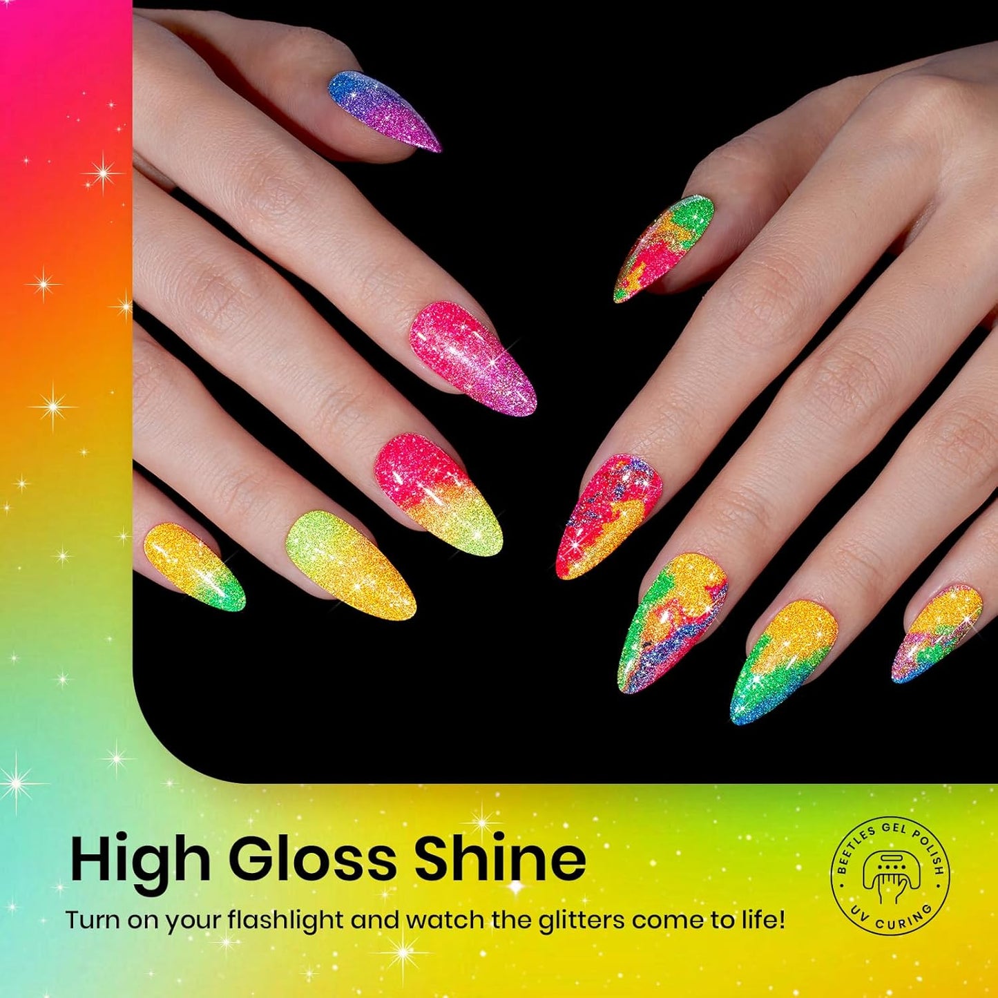 beetles Gel Polish Neon Carnival 6 Colors Reflective Glitter Gel Nail Polish Set Nails Blue Hot Pink Purple Soak Off Uv Led Sparkly bright Colors Halloween Nail Polish Kit Gift for Women