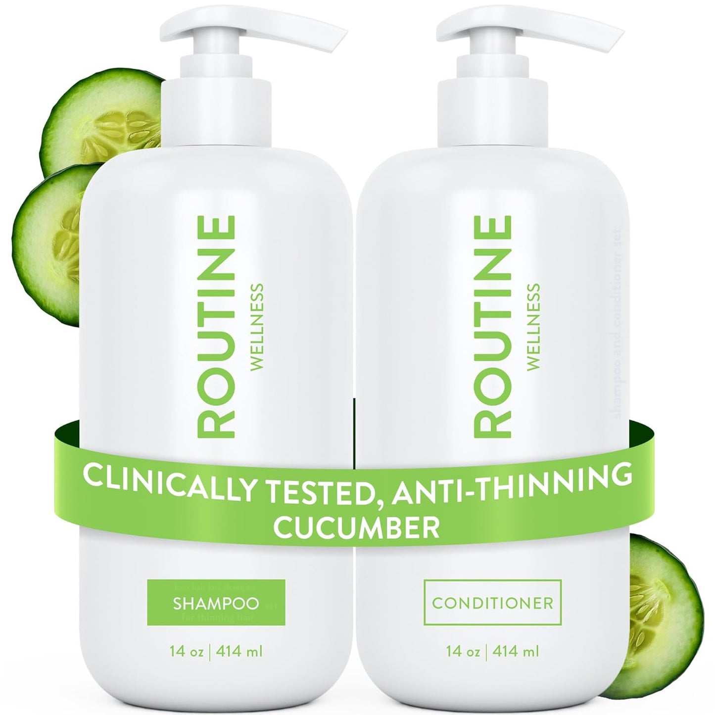 Routine Wellness Anti-Thinning Shampoo and Conditioner Set for Thinning Hair - Biotin DHT Blocker Women & Men - Color Safe Shampoo for Hair Loss & Healthier Hair - Cucumber (Pack of 2)