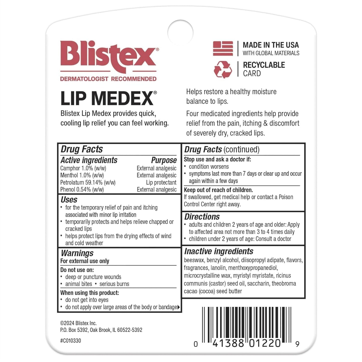 Blistex Lip Medex, 0.25 Ounce, 3 Count, Medicated Relief with Immediate Cooling, Soothes and Protects, Advanced Hydration, Restores Healthy Moisture Balance to Lips, 1 Pack