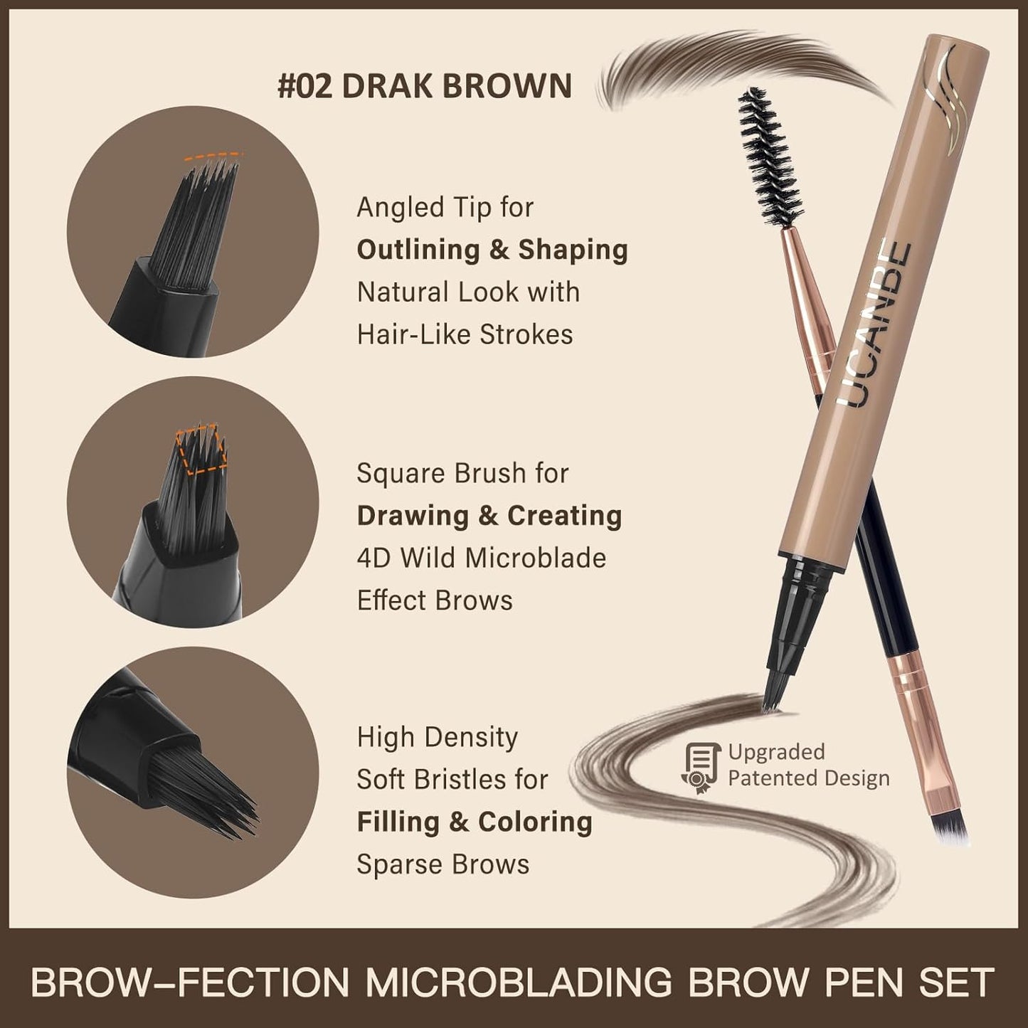 UCANBE Brow-Fection Angled Brush Eyebrow Pen, Liquid Microblading Eyebrow Pencils for Women, Wild Natural Brow Pen for Realistic Hair-Like Brows, Easy to Color, Waterproof, Lasts All Day, Dark Brown