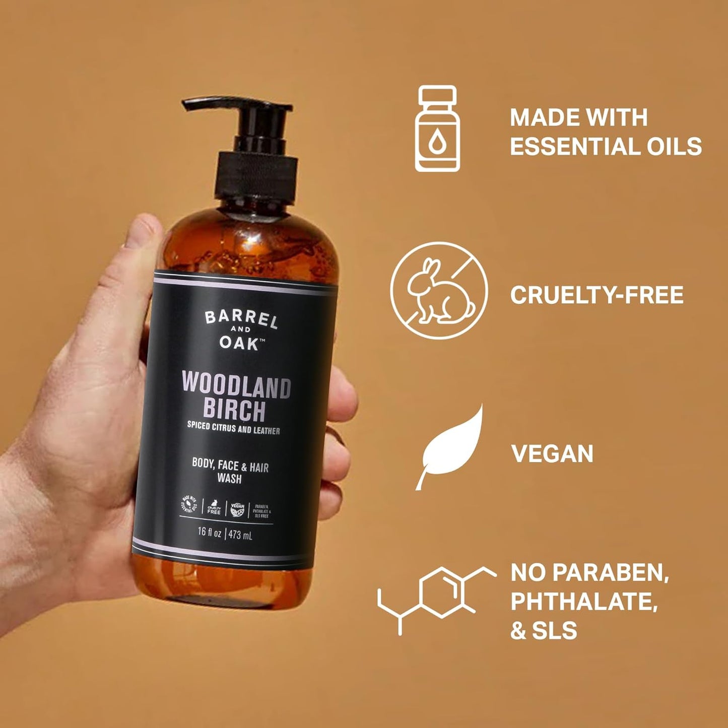 Barrel & Oak All-in-One Wash for Face, Hair, & Body, Vegan & Hydrating Face, Shampoo and Body Wash for Men, Grooming Kit Gifts for Men, Woodland Birch, 16 oz