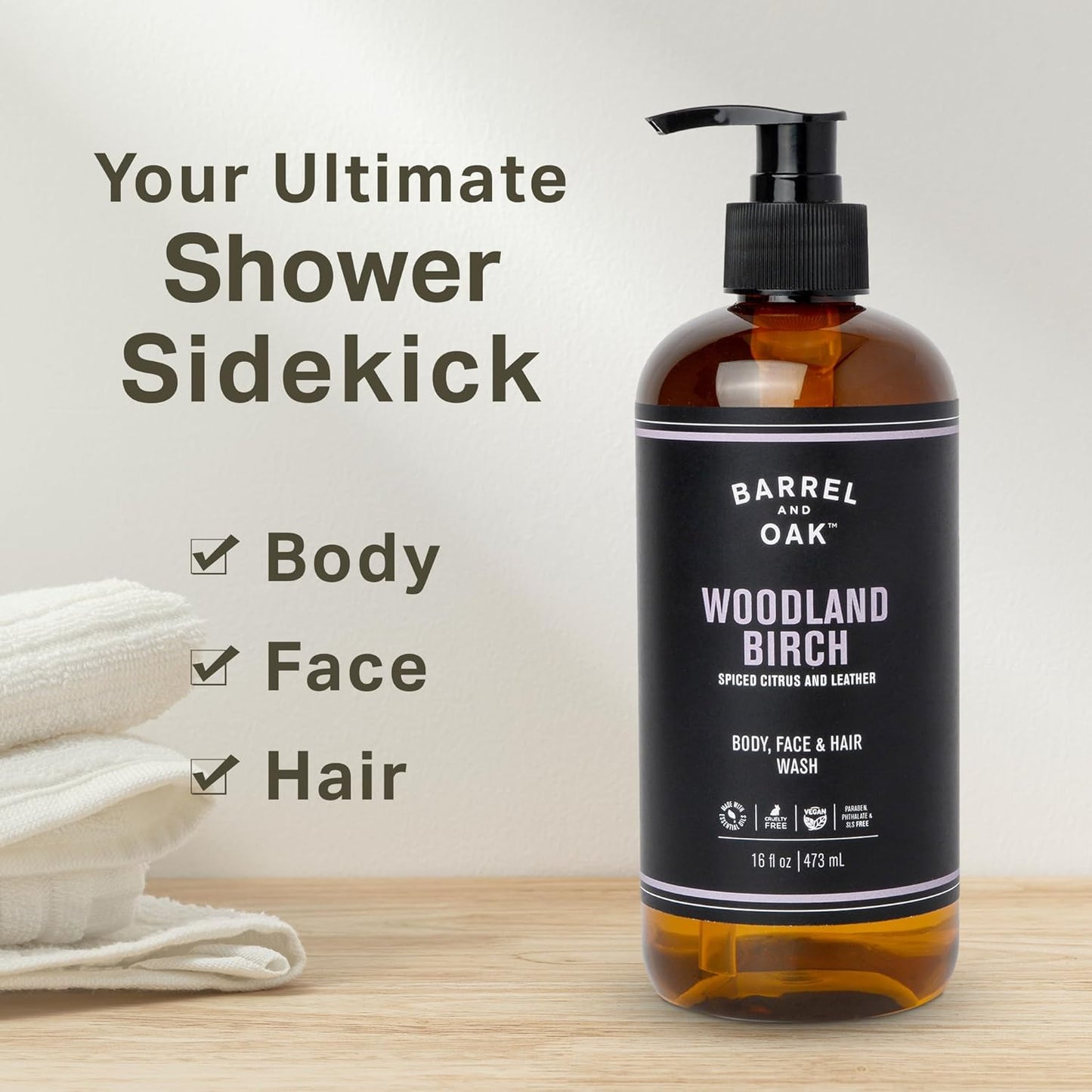 Barrel & Oak All-in-One Wash for Face, Hair, & Body, Vegan & Hydrating Face, Shampoo and Body Wash for Men, Grooming Kit Gifts for Men, Woodland Birch, 16 oz