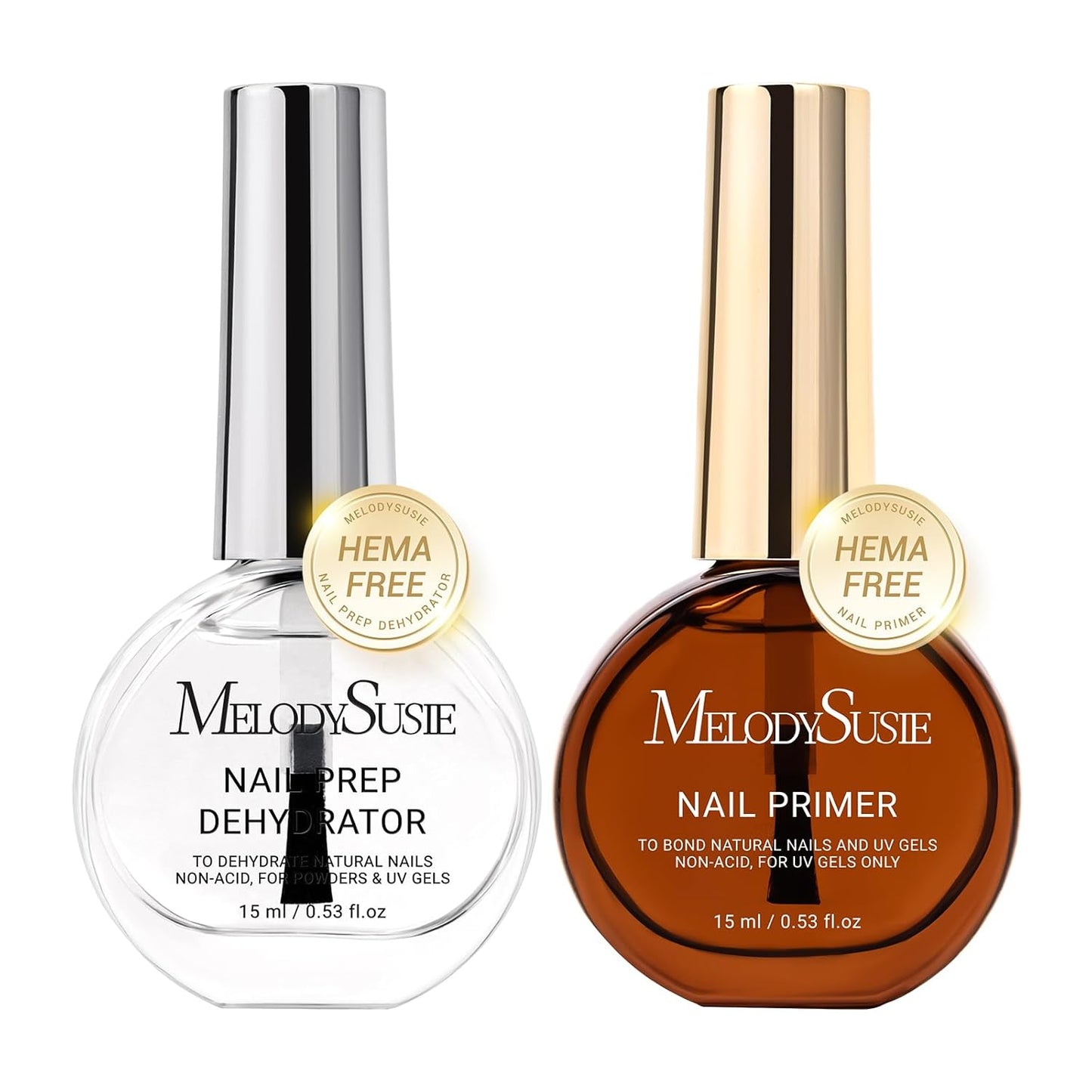 MelodySusie 2PCS Nail Dehydrator and Primer, Professional Natural Hema Free and Acid Free Primer,Dehydrator for Acrylic Powder and Gel Nail Polish,Fast Dry 15ML